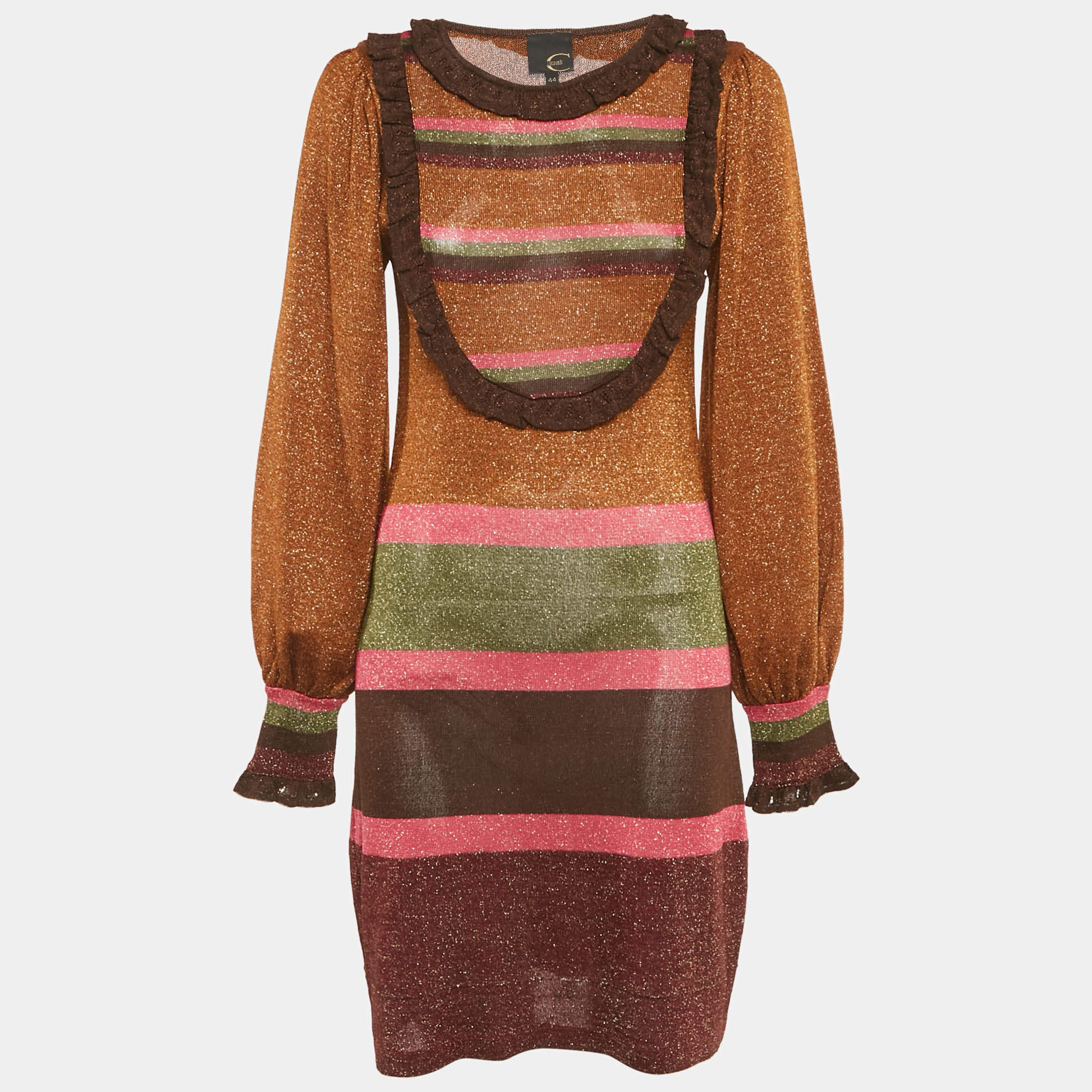 Pre Owned Just Cavalli Metallic Lurex Knit Ruffled Short Dress M