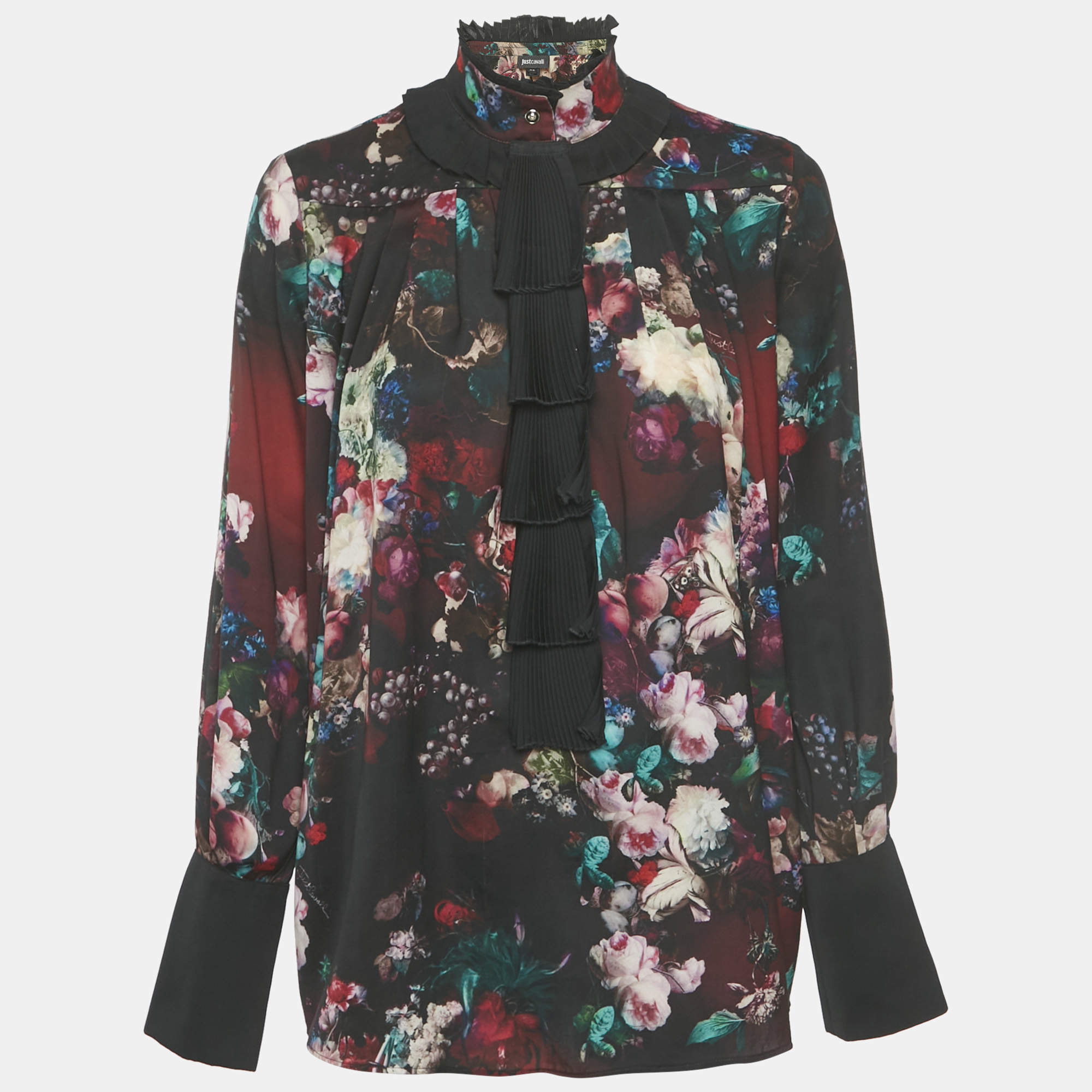 Pre Owned Just Cavalli Black Floral Print Satin Ruffled Top M
