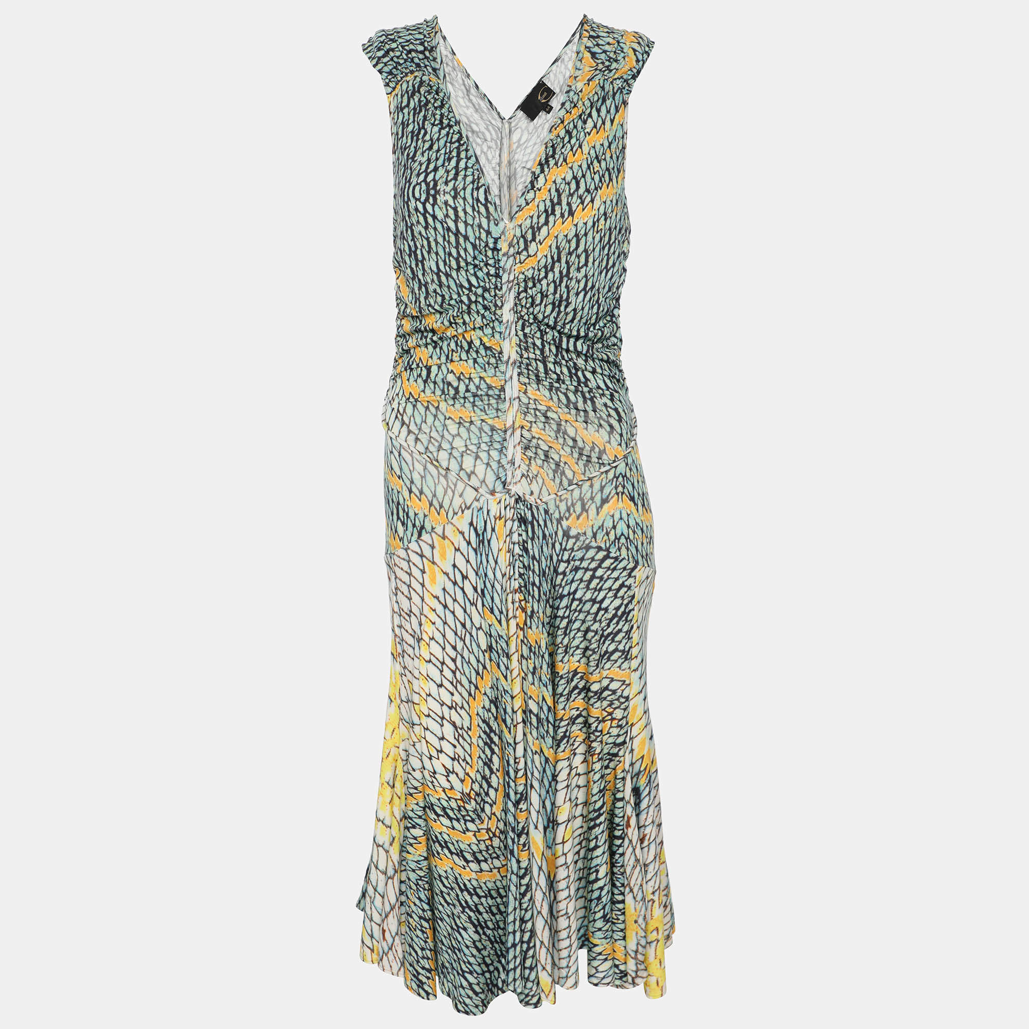 Pre Owned Just Cavalli Multicolor Printed Stretch Knit V Neck Sleeveless Midi Dress M