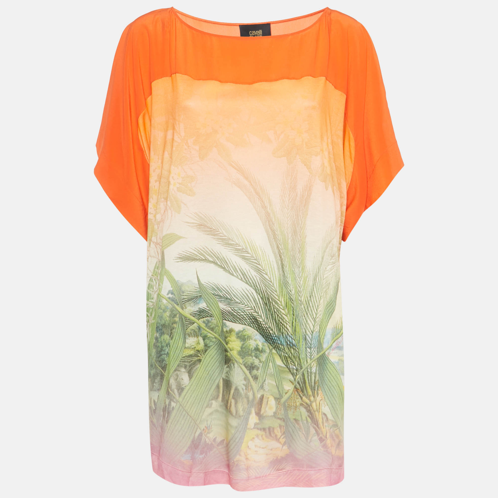Pre Owned Just Cavalli Orange Printed Silk and Jersey T-Shirt M