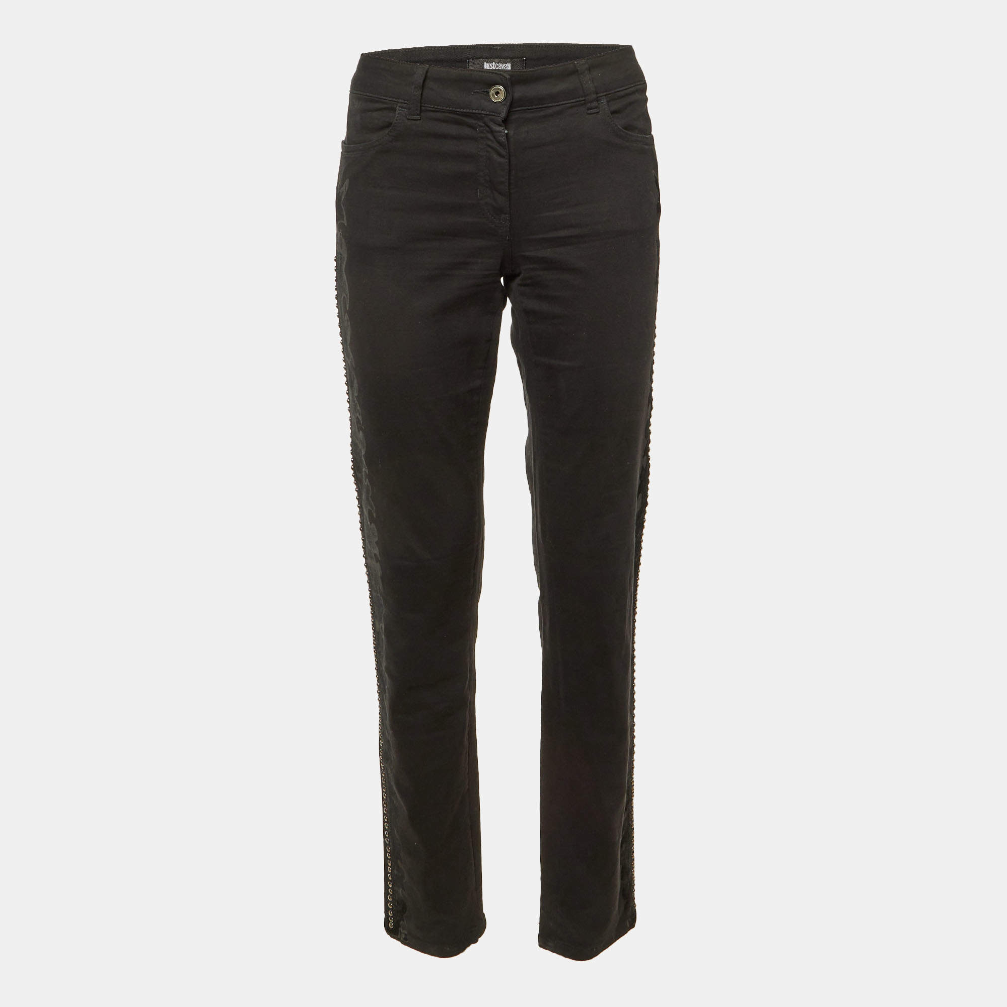 Pre Owned Just Cavalli Black Flock Print Denim Slim Fit Jeans M/Waist 34"