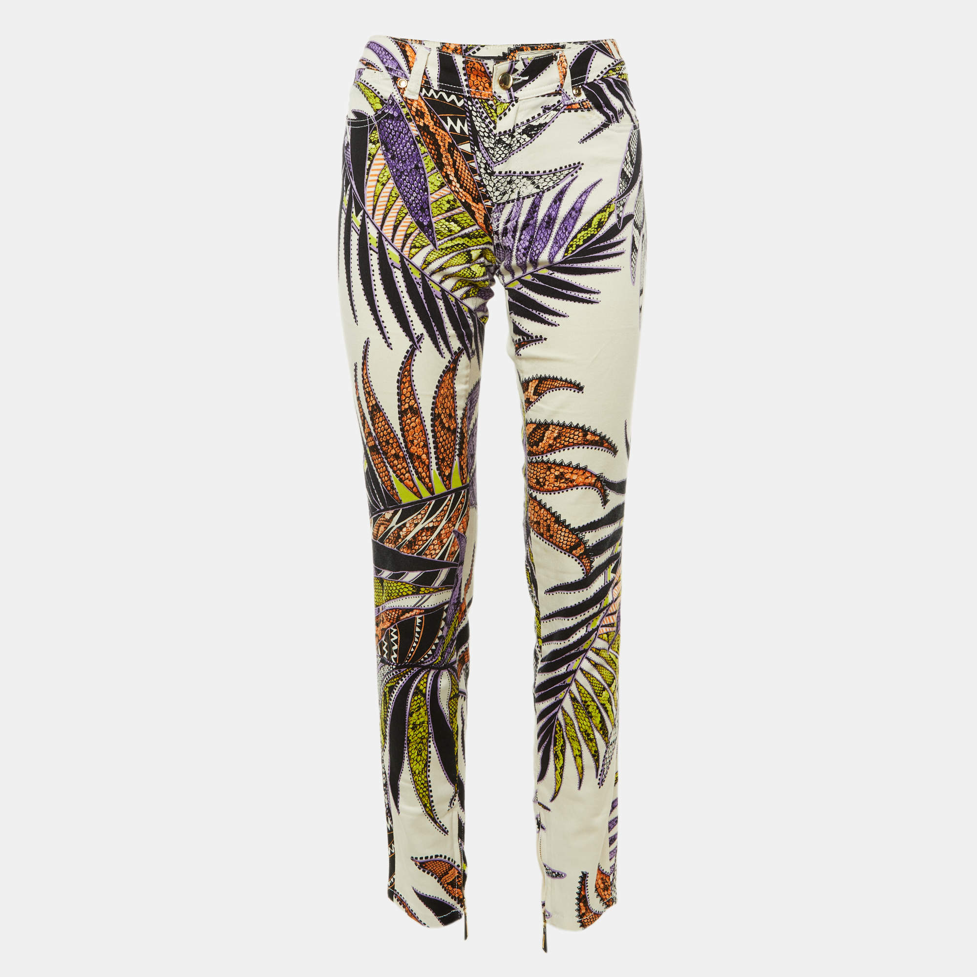 Pre Owned Just Cavalli White Scale Leaf Print Denim Skinny Jeans M/Waist 32"