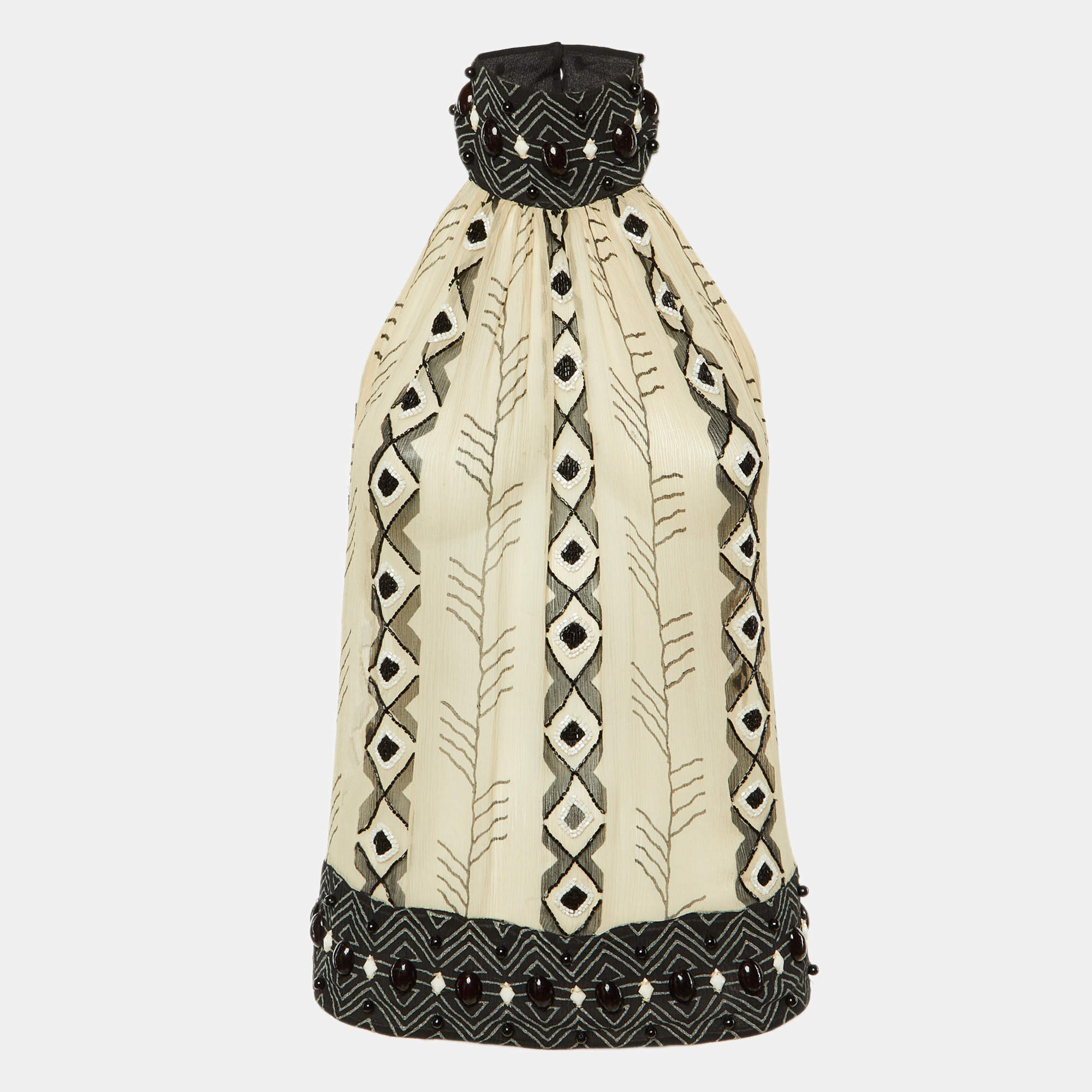Pre Owned Just Cavalli Beige/Black Silk Embellished Sheer Halter Neck Top S