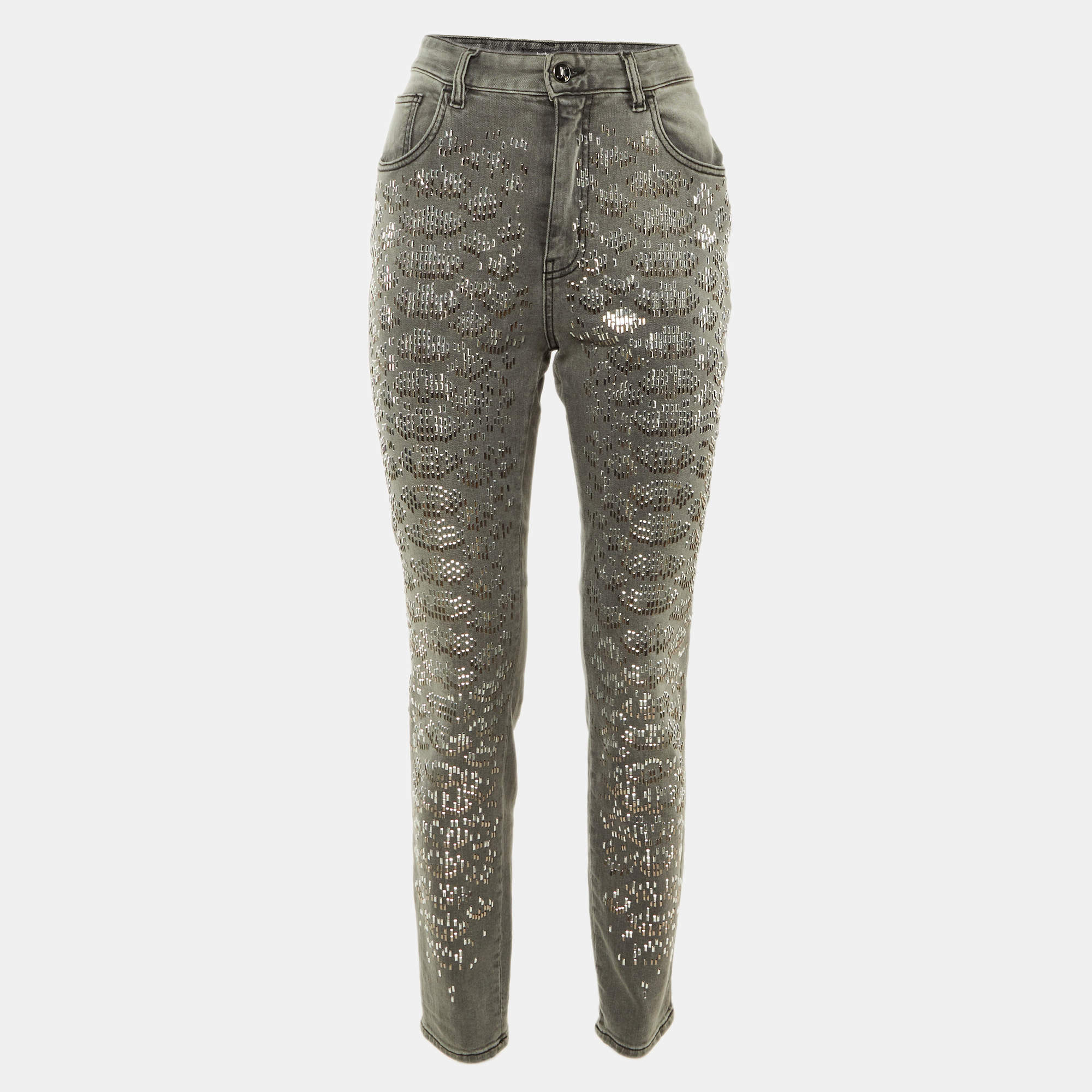 Pre Owned بنطلون جينز جاست كافالي رمادي مزين بالدبابيس ضيق مرتفع الخصر مقاس 30"