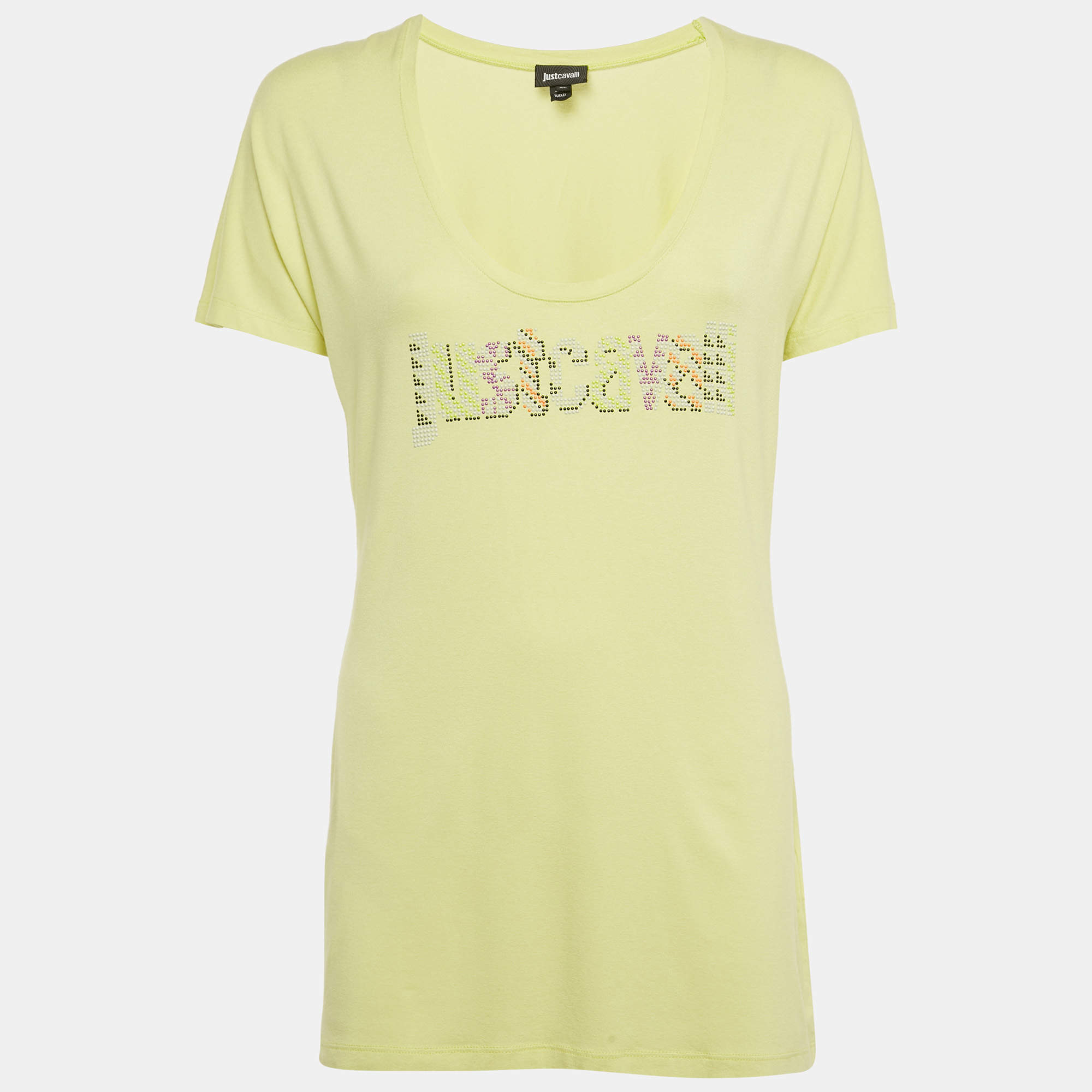 Pre Owned تي شيرت جست كافالي جيرسي مزين بشعار أخضر ليموني ياقة دائرية كبير جدًا