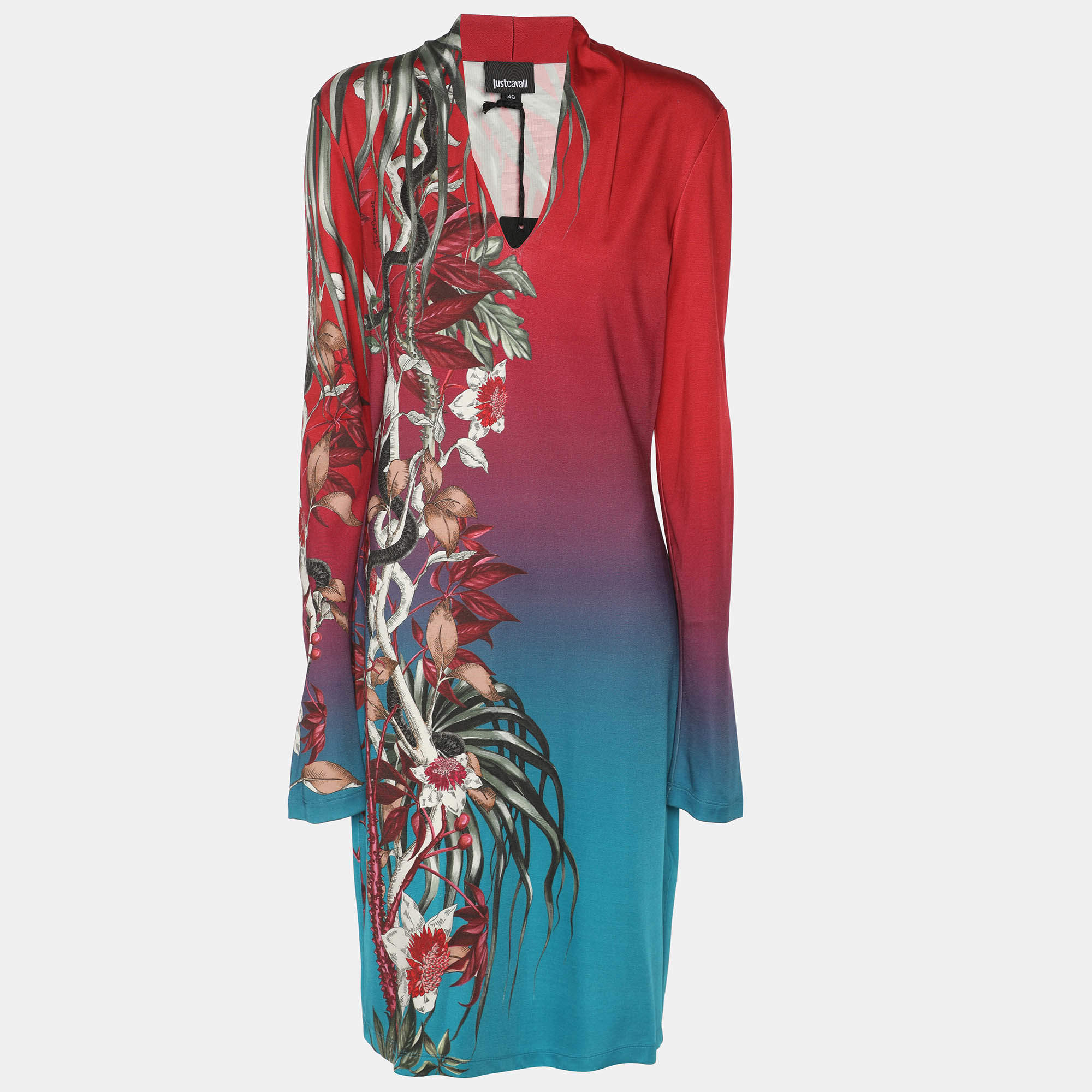 Pre Owned Just Cavalli Red Multicolor Printed Stretch Satin Long Sleeve V Neck Midi Dress L