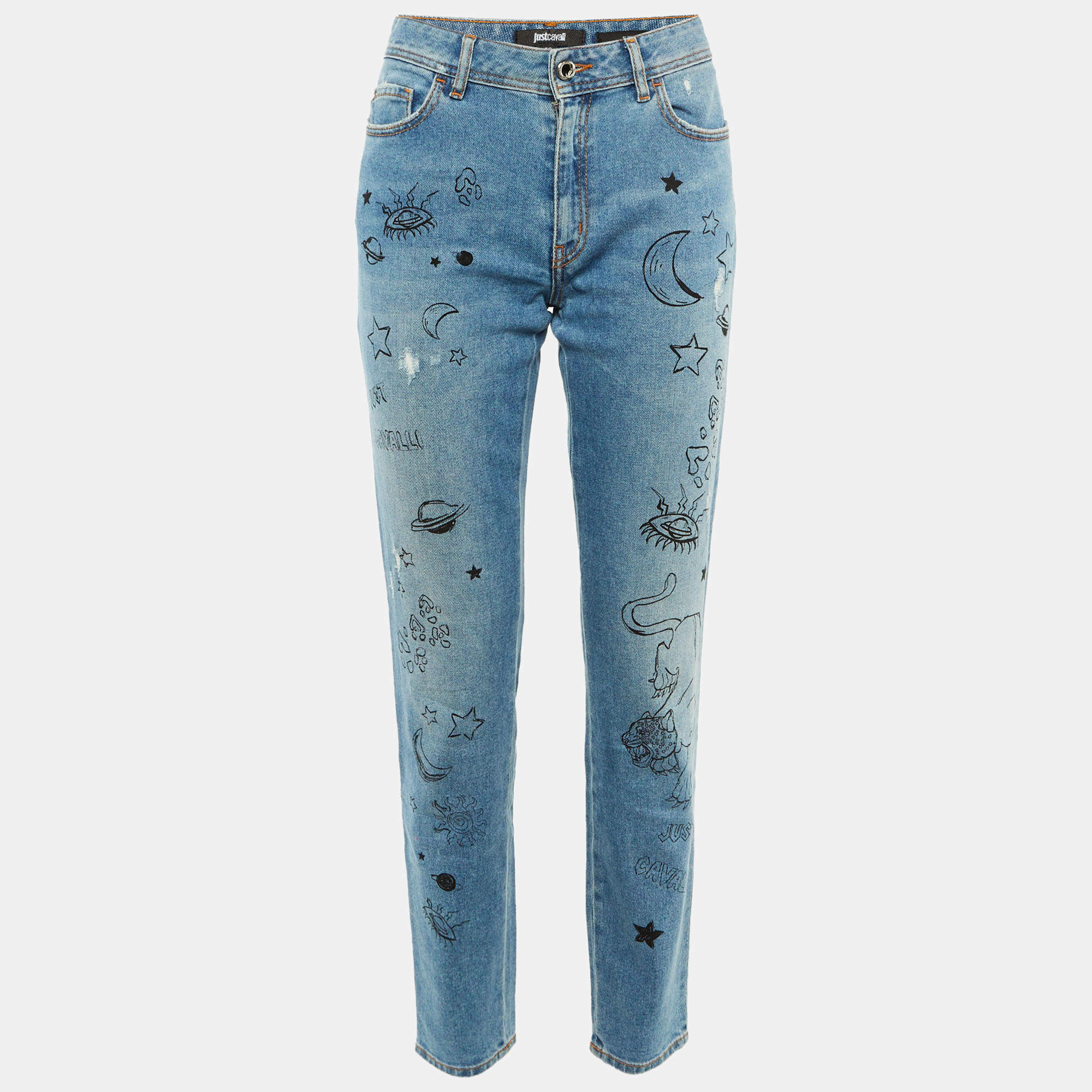 Pre Owned Just Cavalli Blue Doodle Print Denim Slim Fit Jeans M/Waist 30"