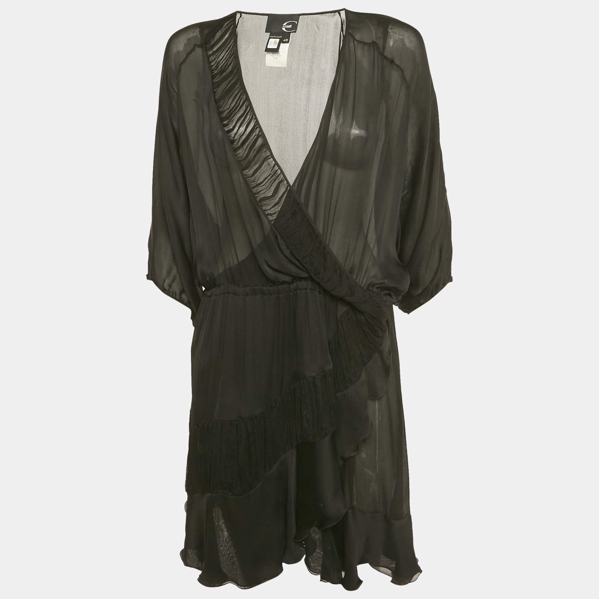 Pre Owned Just Cavalli Black Silk Ruffled Mini Dress L