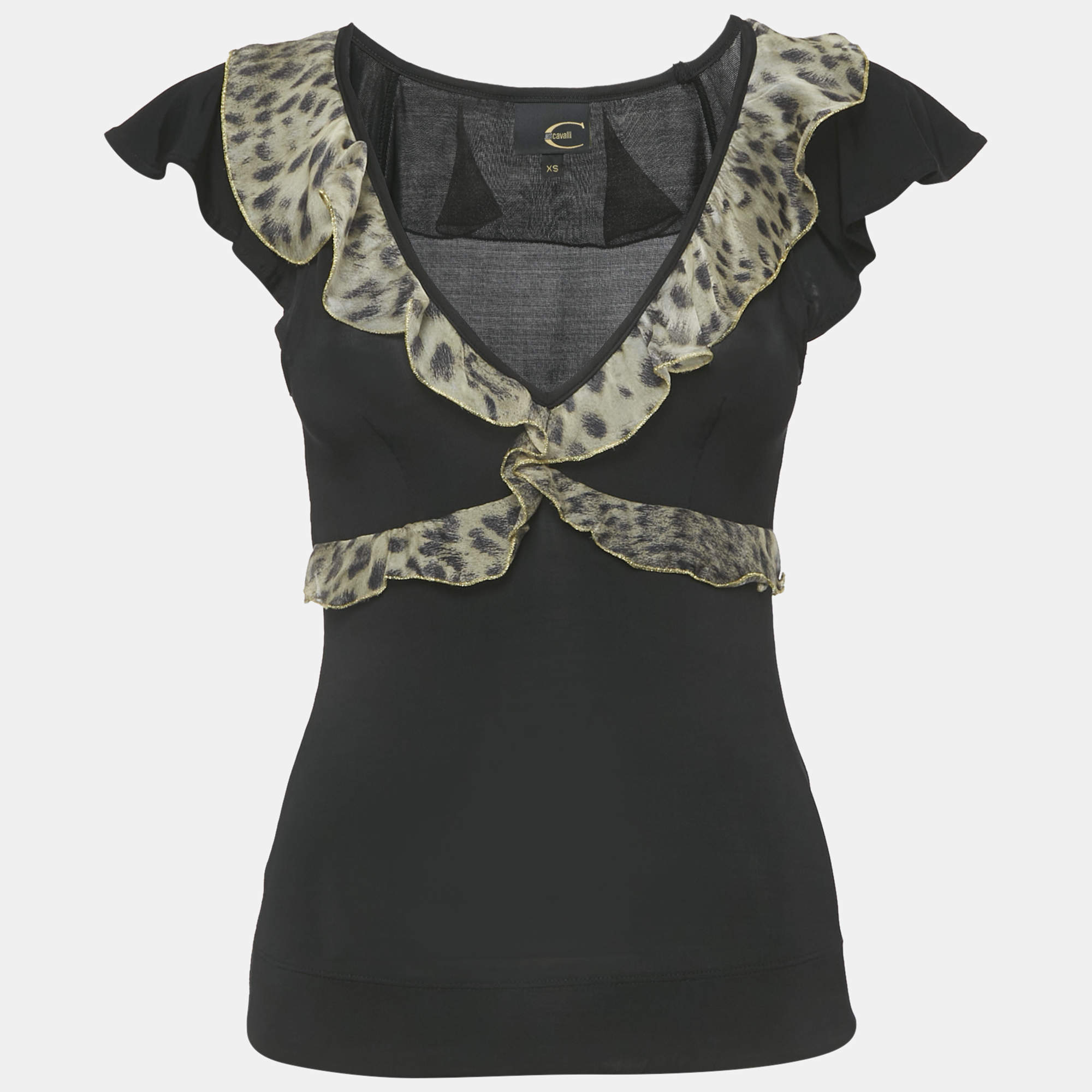 Pre Owned Just Cavalli Black Animal Print Frill Detail Jersey Top XS