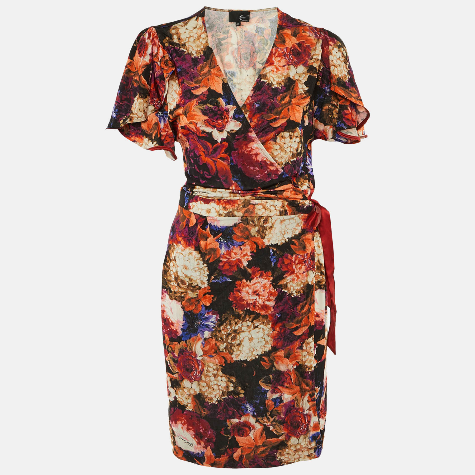 Pre Owned Just Cavalli Multicolor Floral Print Jersey Wrap Around Mini Dress L