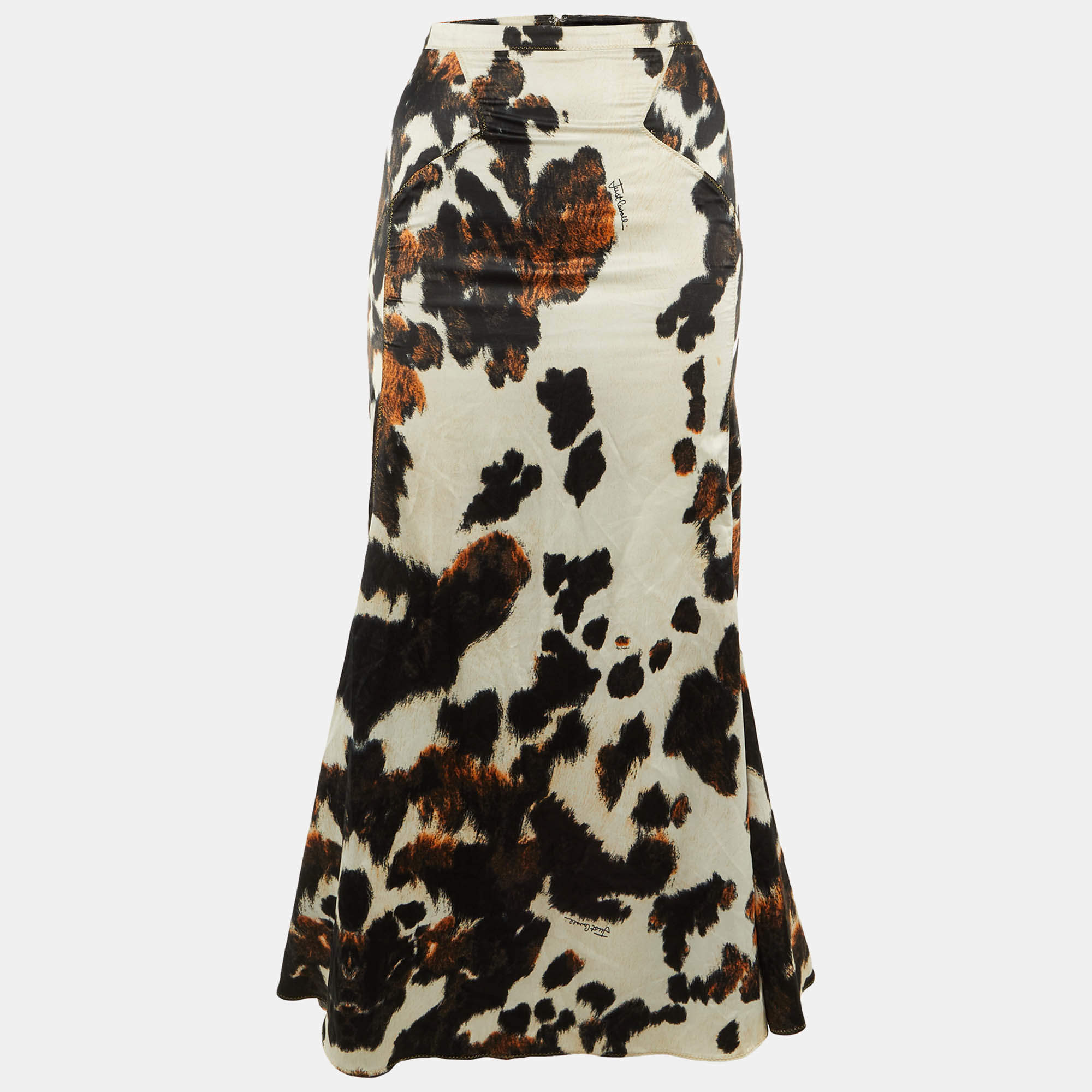 Pre Owned Just Cavalli Black /White Animal Print Satin Maxi Skirt M