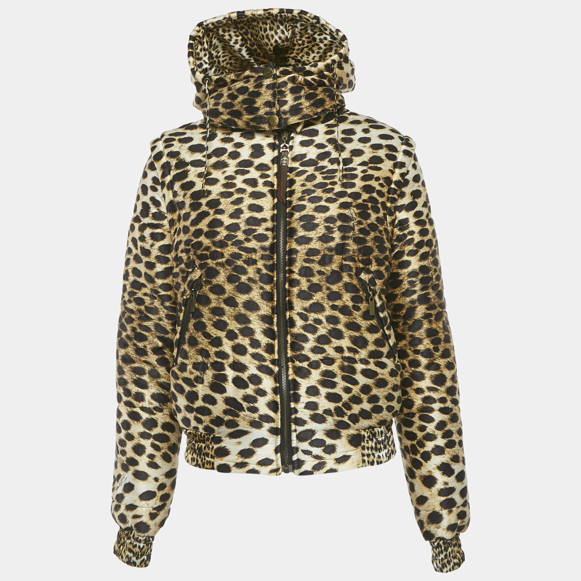 مملوكة مسبقًا Just Cavalli Brown Animal Printed Silk Puffer jacket M