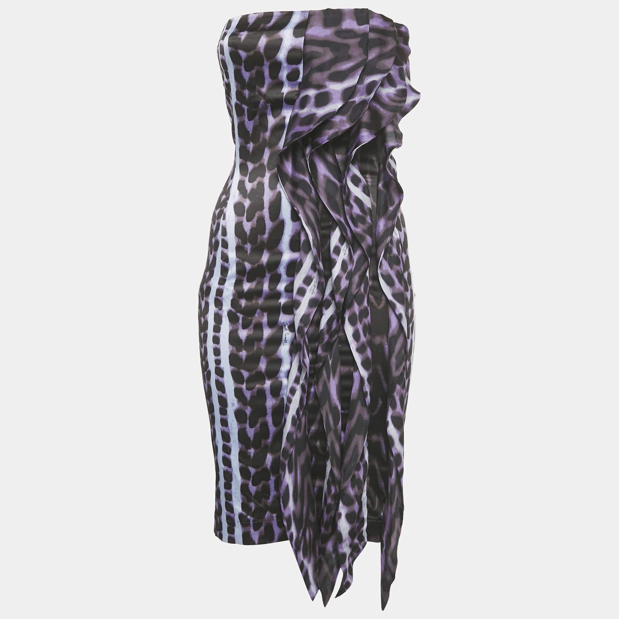 Pre Owned Just Cavalli Purple Leopard Print Stretch Satin Strapless Dress S