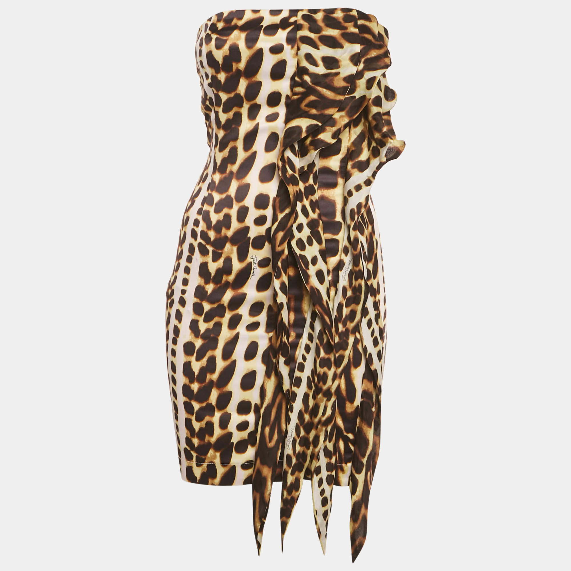 مملوكة مسبقًا Just Cavalli Brown Leopard Print Satin Ruffled Tube Dress S