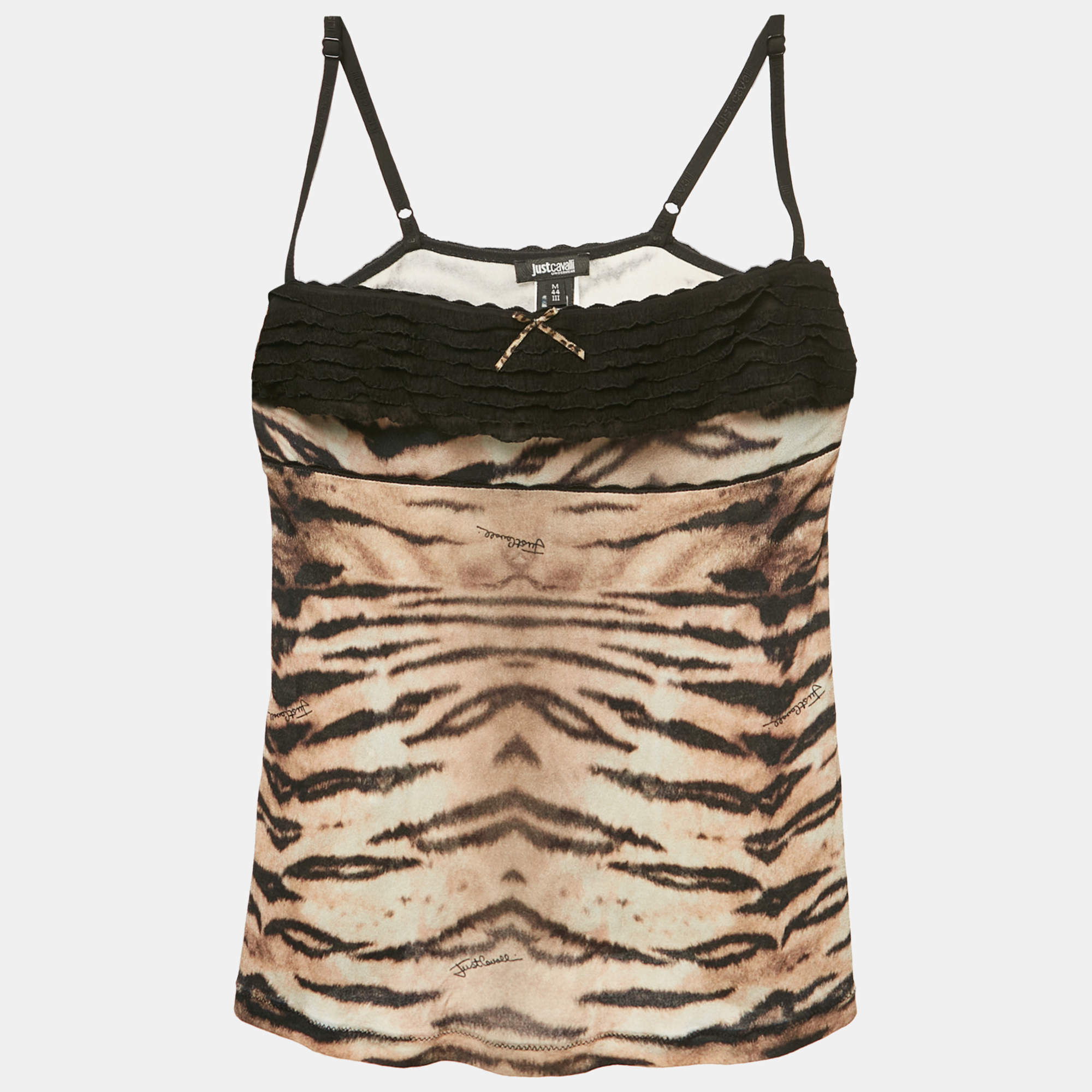 Pre Owned Just Cavalli Underwear Brown Tiger Print Jersey Frilled Camisole M