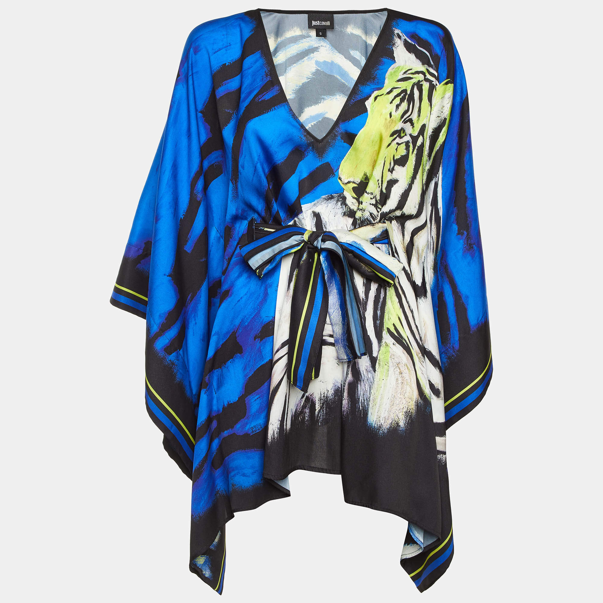 Pre Owned Just Cavalli Blue Tiger Print Satin Belted Kaftan Tunic S 