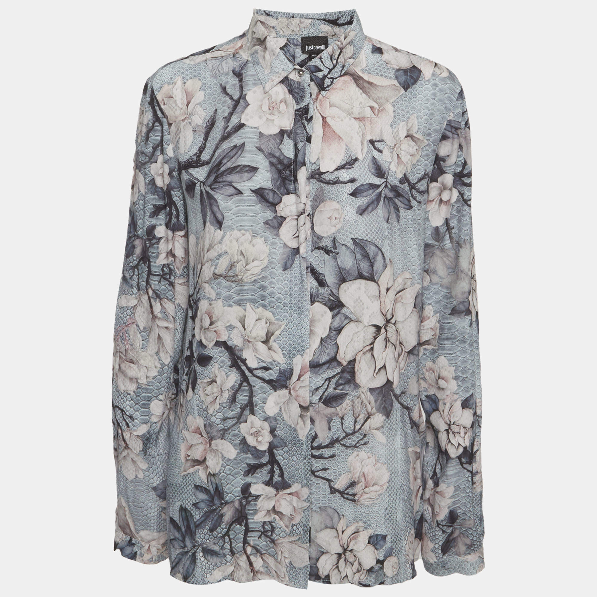 Pre Owned Just Cavalli Blue Floral Print Crepe Shirt M