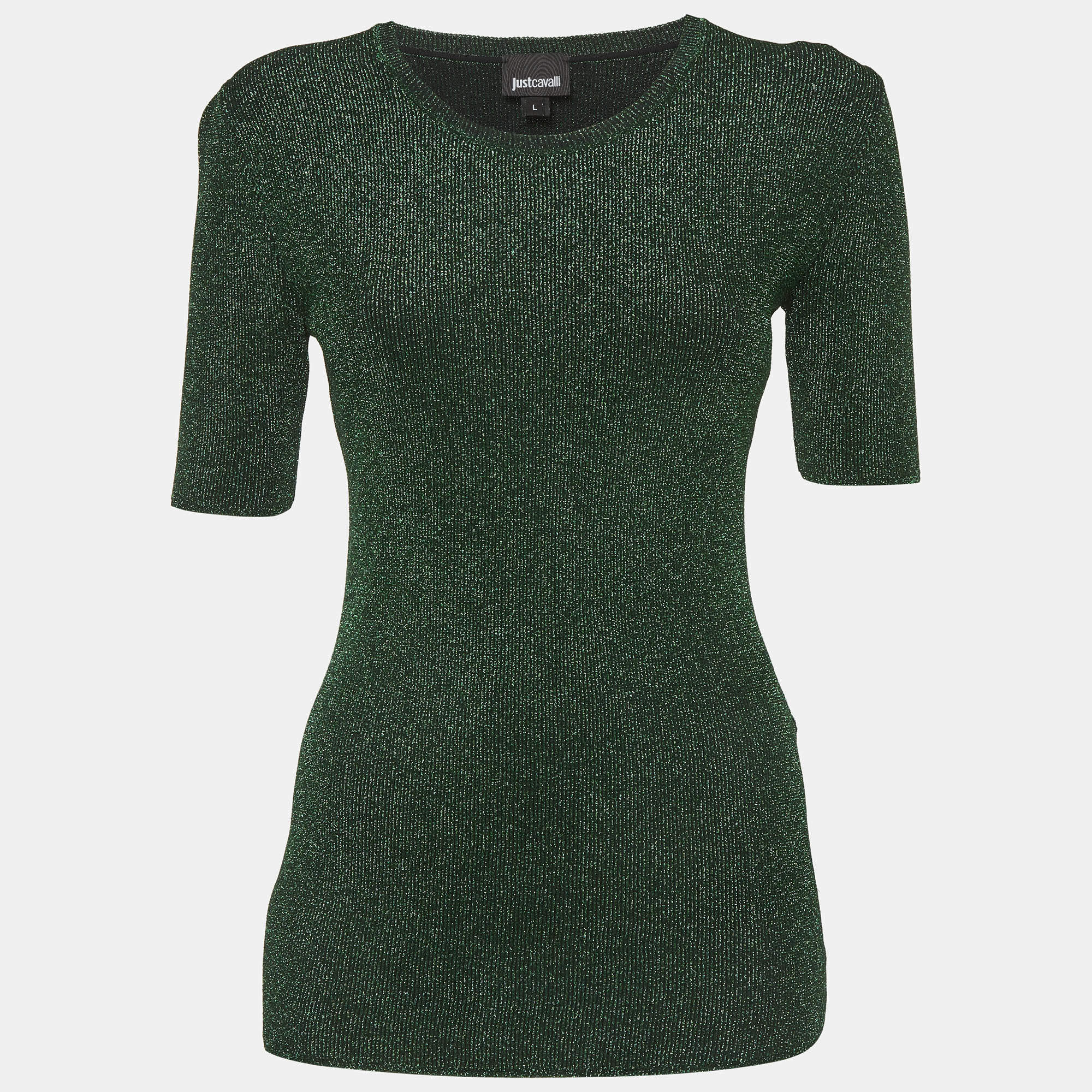 مملوكة مسبقًا Just Cavalli Green Lamé Knit Crewneck Top L