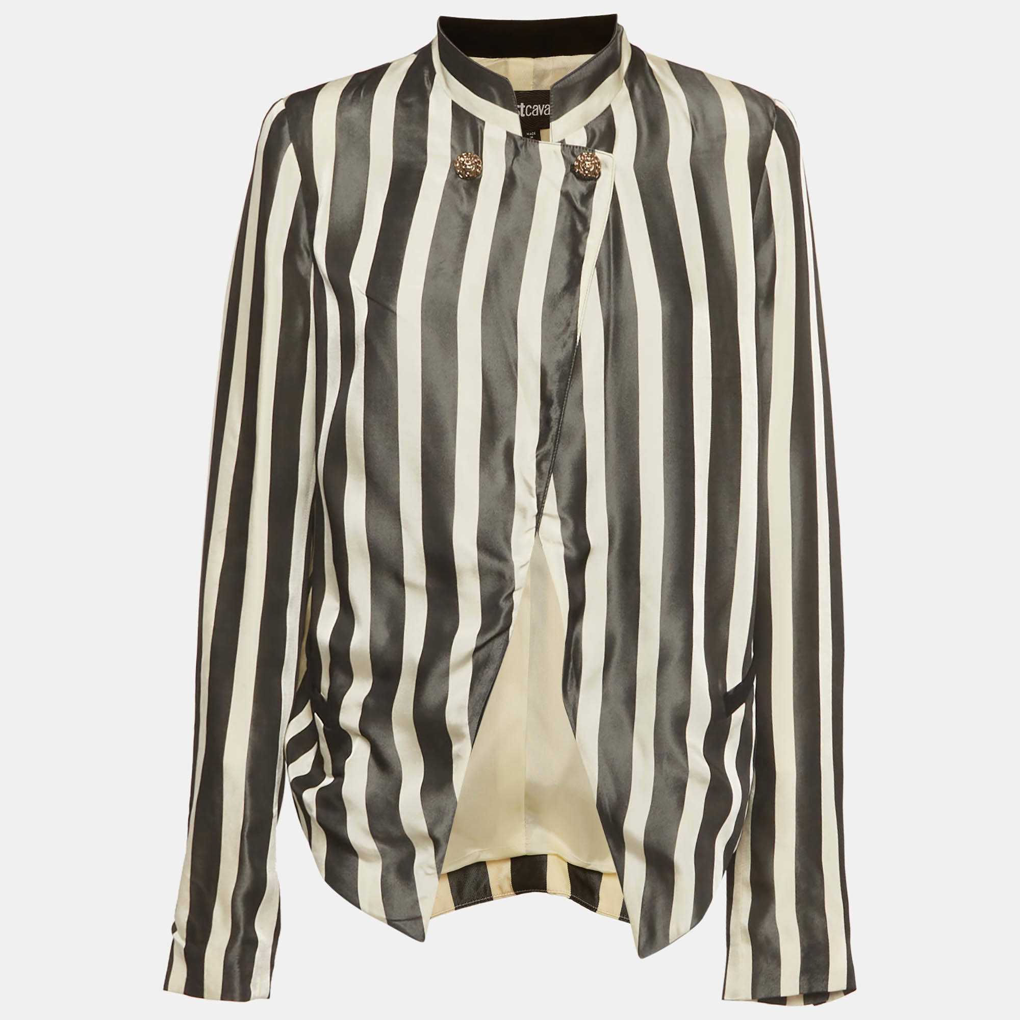 Pre Owned Just Cavalli Black & Cream Striped Crepe Open Front Blazer M