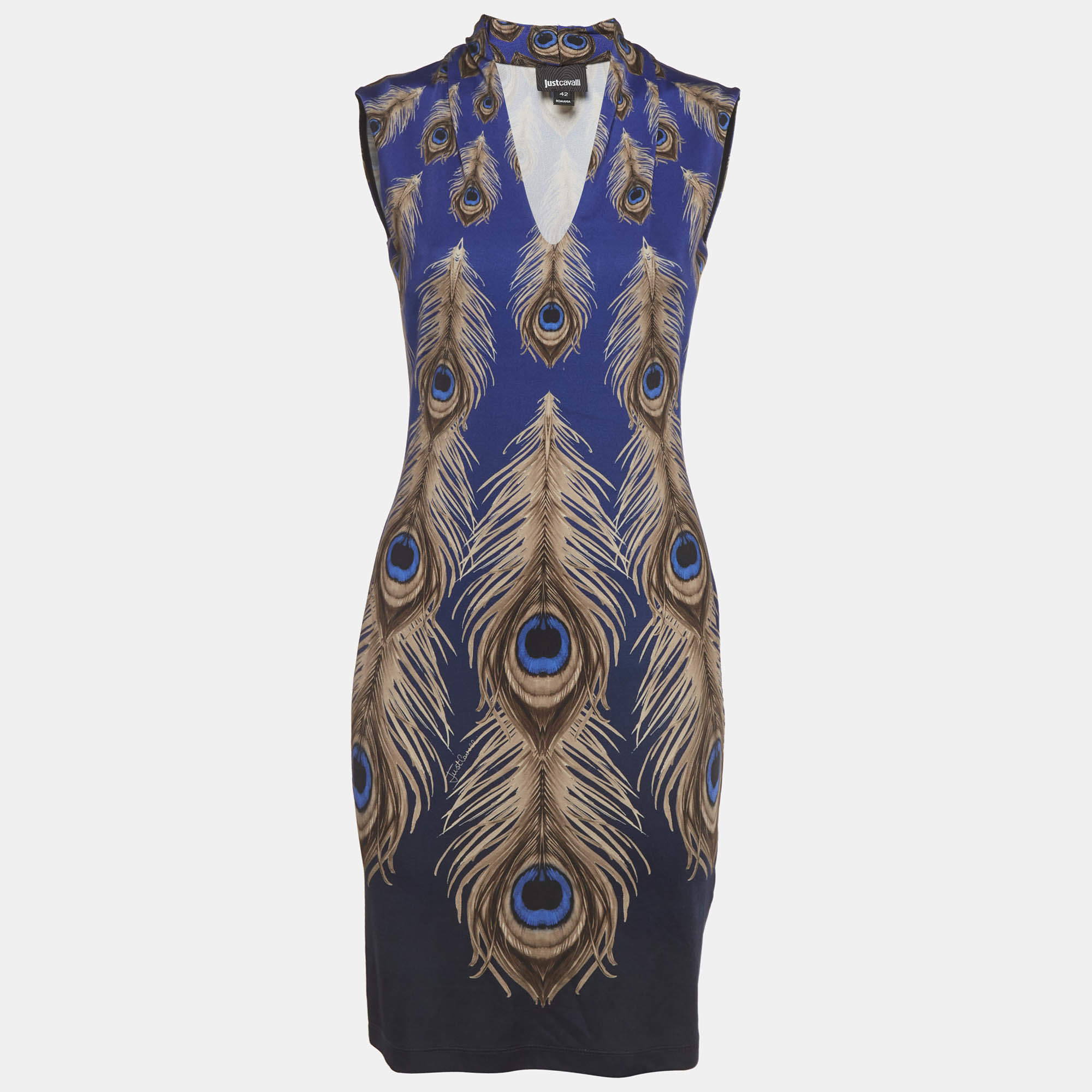 Pre Owned Just Cavalli Navy Blue Peacock Feather Printed Jersey Sleeveless Dress M