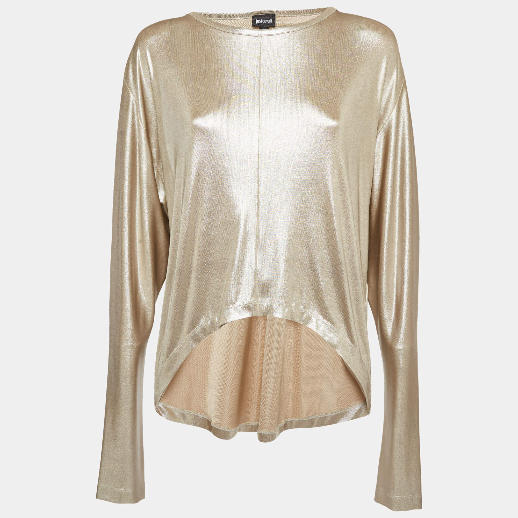 Pre Owned Just Cavalli Metallic Gold Jersey Long Sleeve Asymmetric Hem Top M