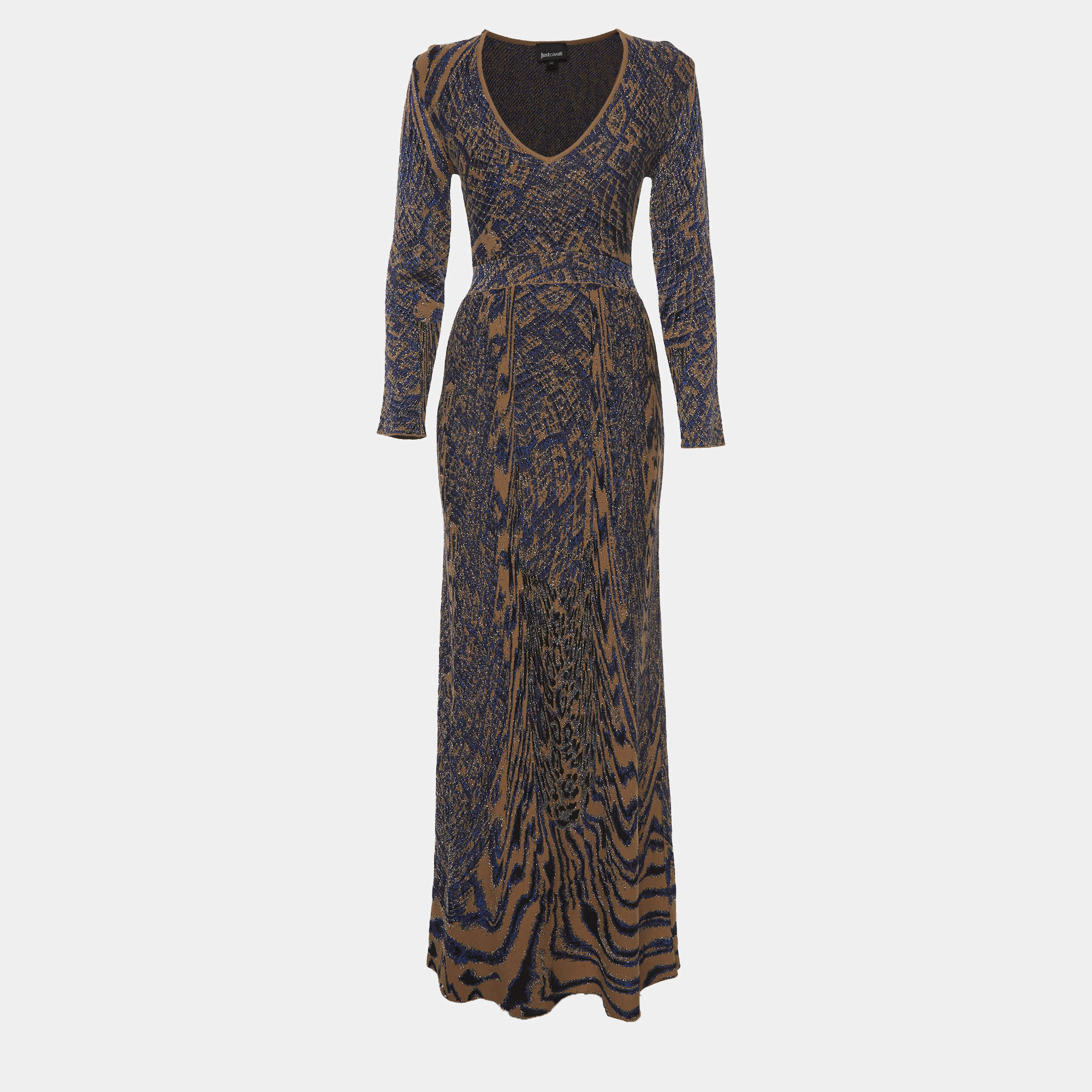 مملوكة مسبقًا Just Cavalli Blue/Beige Lurex Jacquard Maxi Dress M