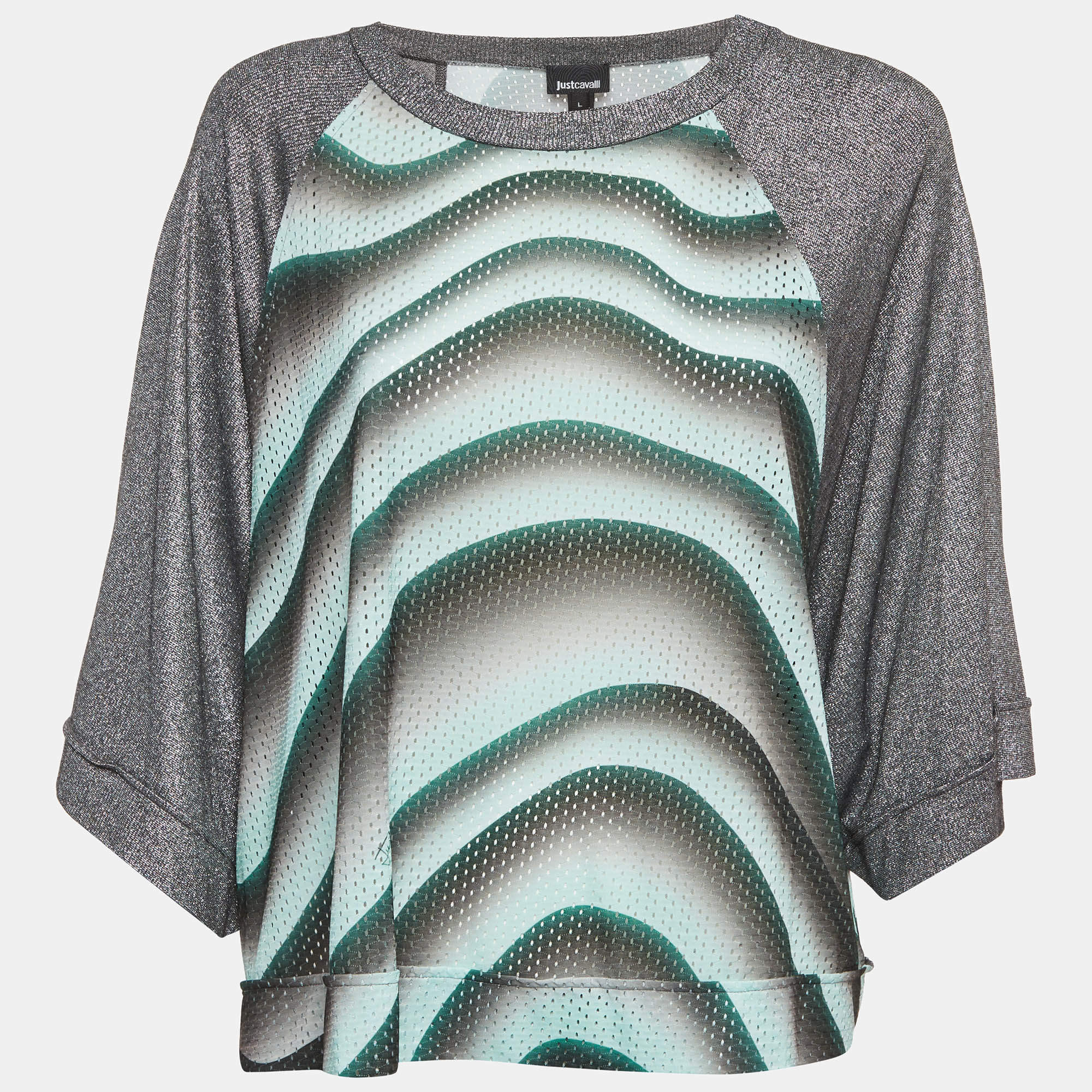 مملوكة مسبقًا Just Cavalli Green Printed Jersey and Lurex T-Shirt L