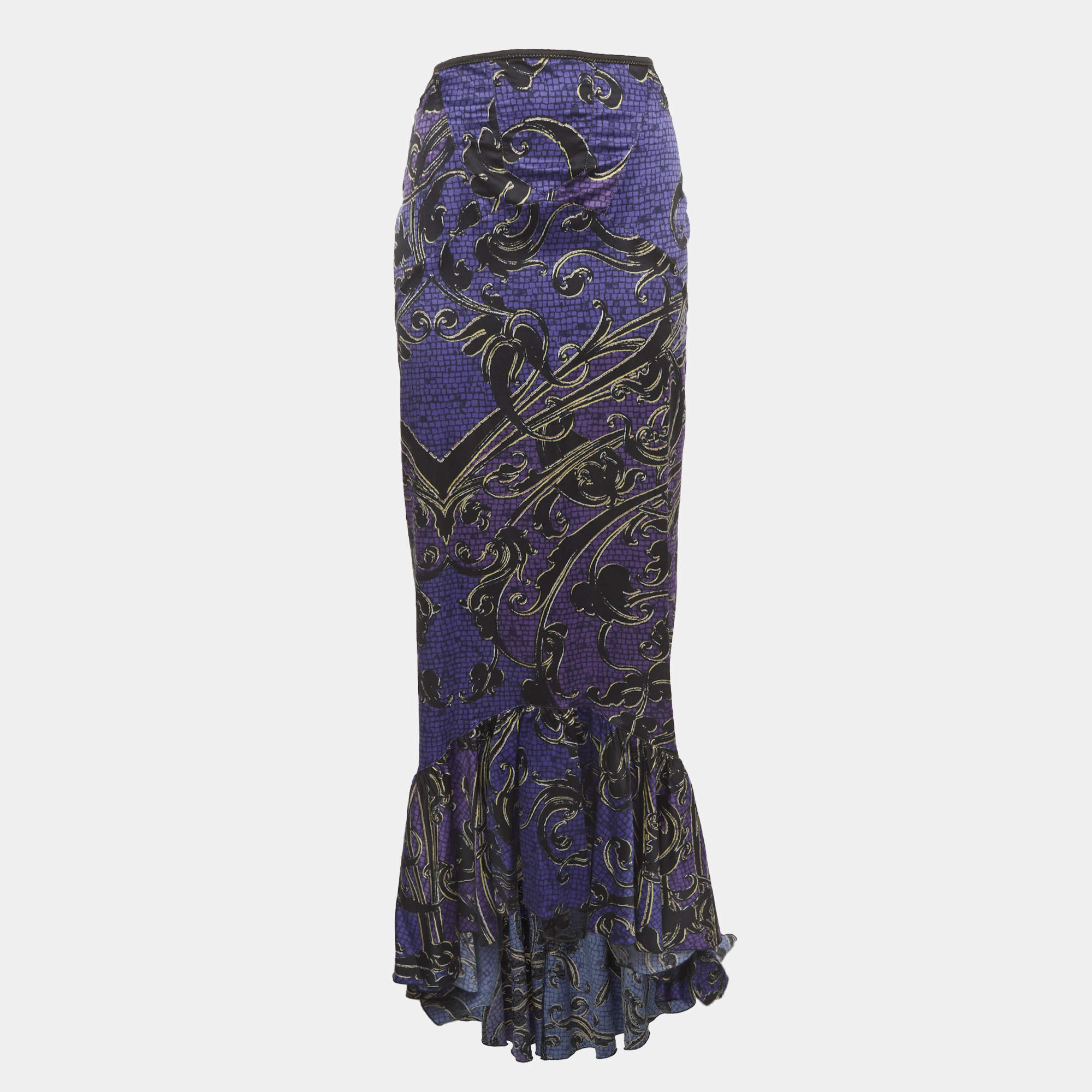 Pre Owned Just Cavalli Purple Printed Satin Asymmetric Midi Skirt M
