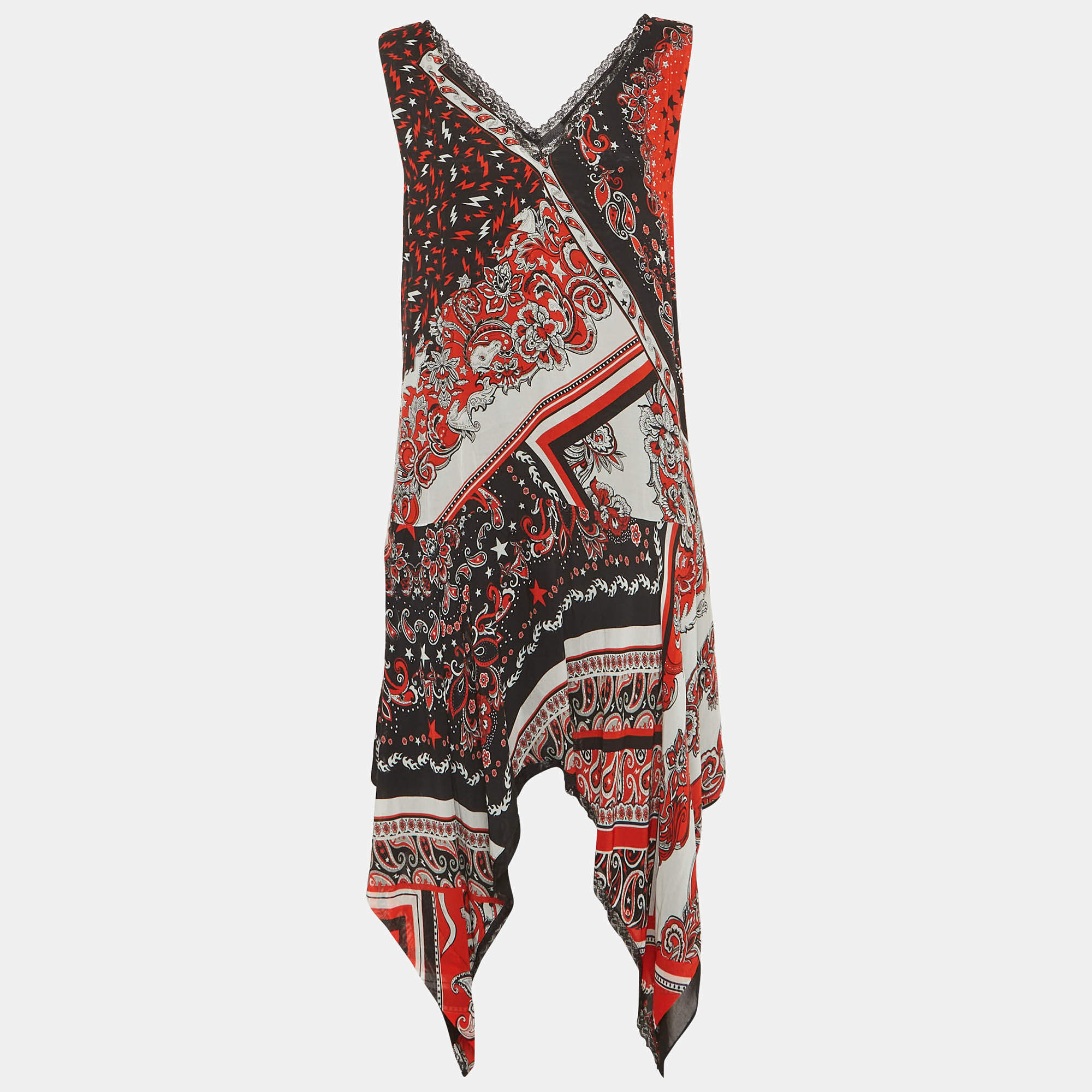 Pre Owned Just Cavalli Red/Black Printed Crepe Asymmetric Short Dress M