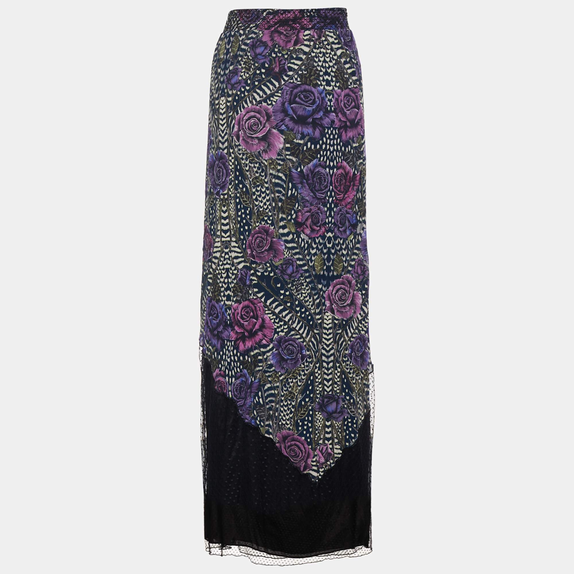 Pre Owned Just Cavalli Purple Floral Printed Crepe and Tulle Maxi Skirt M