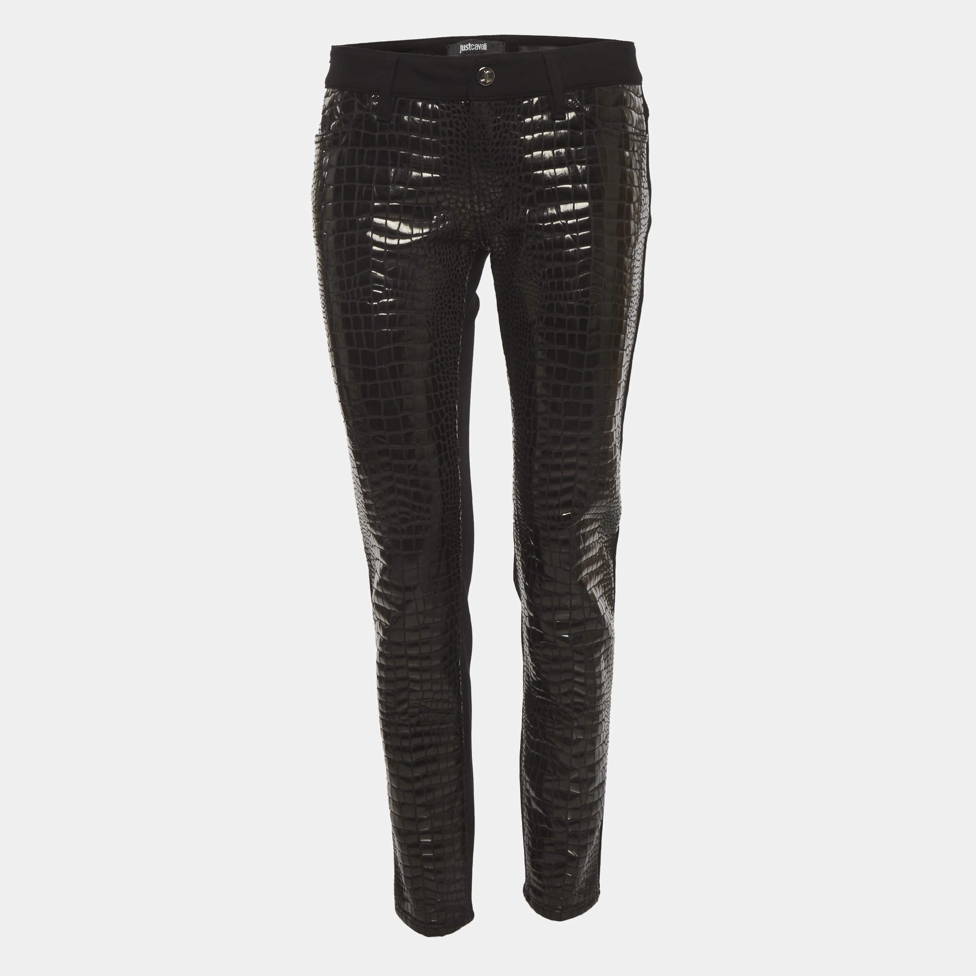 Pre Owned Just Cavalli Black Snakeskin Pattern Jersey Pants M