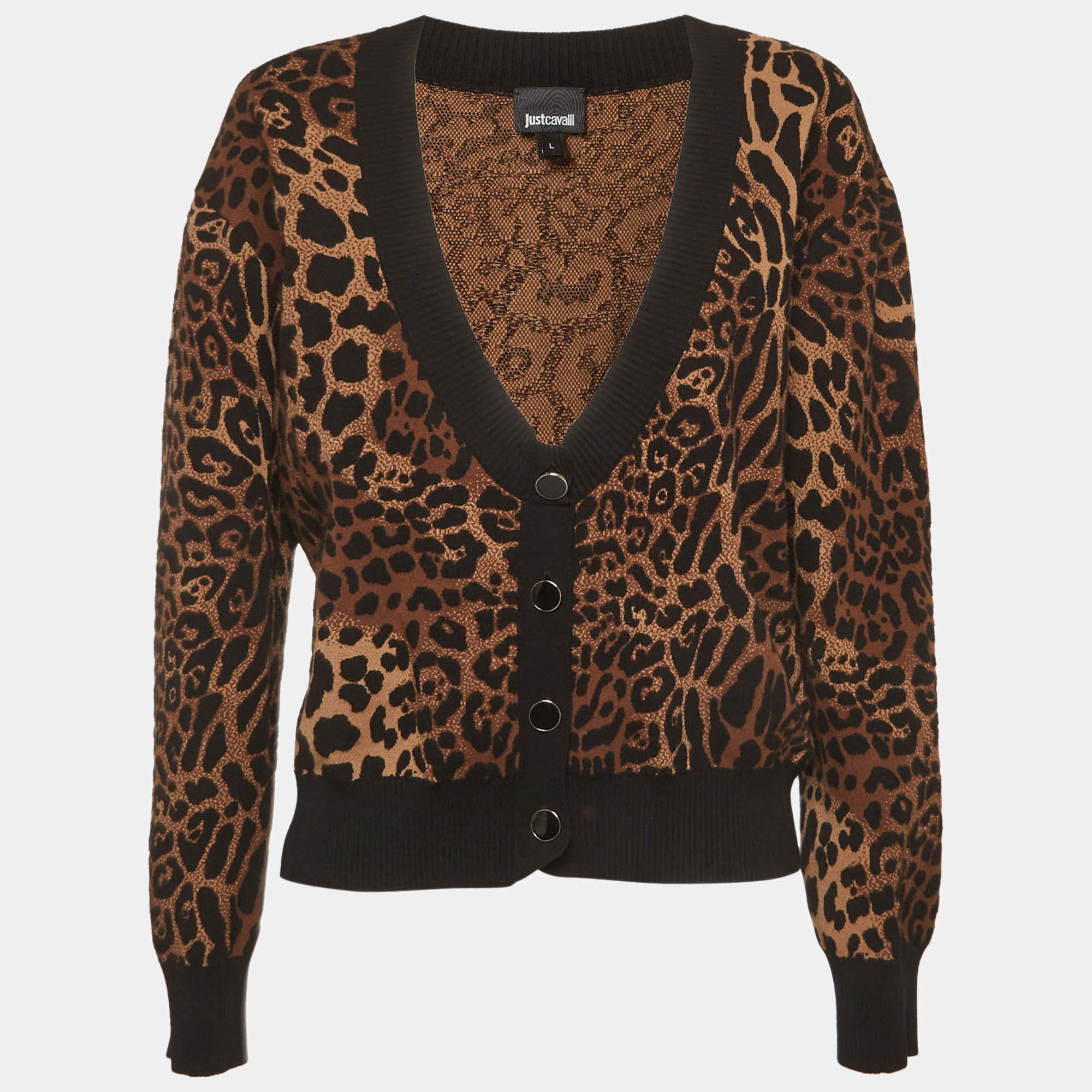 مملوكة مسبقًا Just Cavalli Leopard Pattern Knit Cardigan L