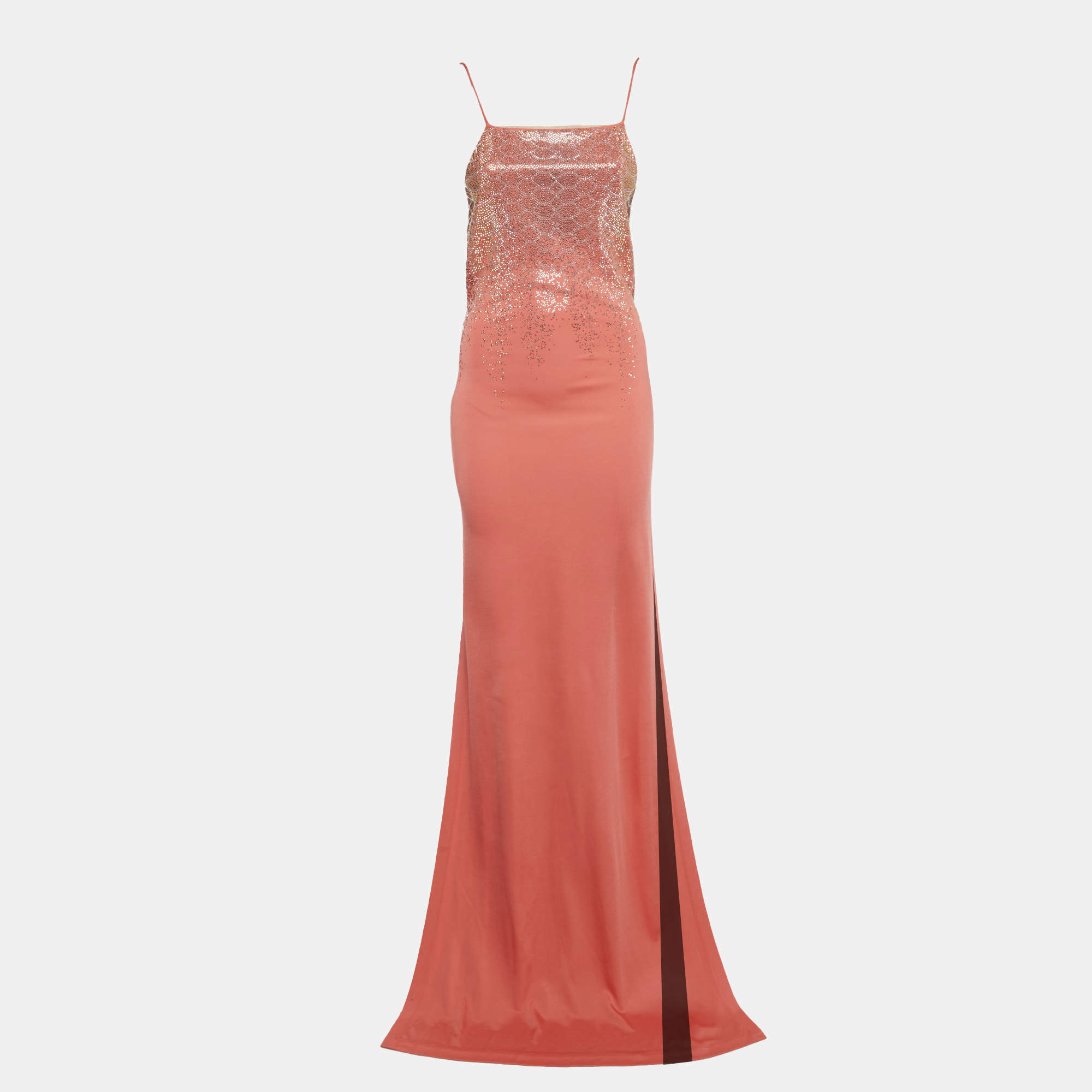Pre Owned Just Cavalli Salmon Pink Embellished Jersey Evening Dress M