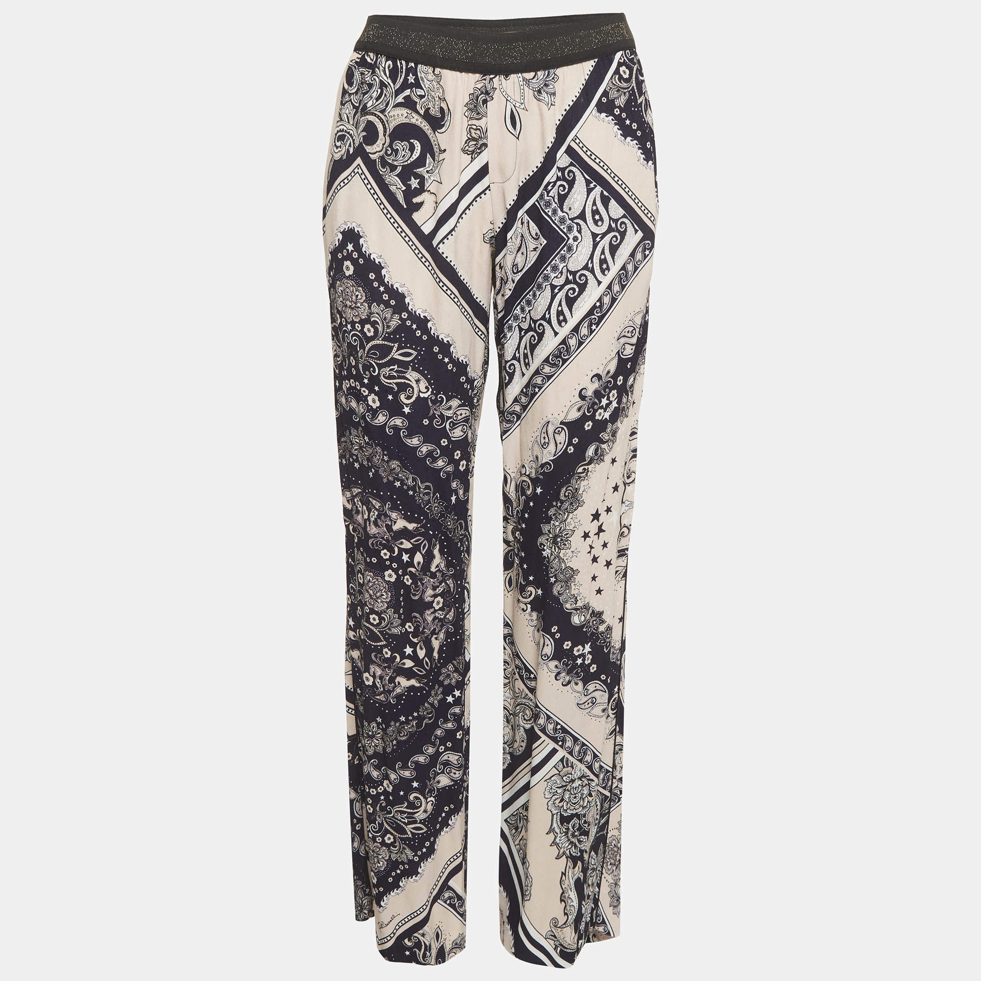 Pre Owned بنطلون جاست كافالي كريب وردي مطبوع ورباط خصر حرير صغير