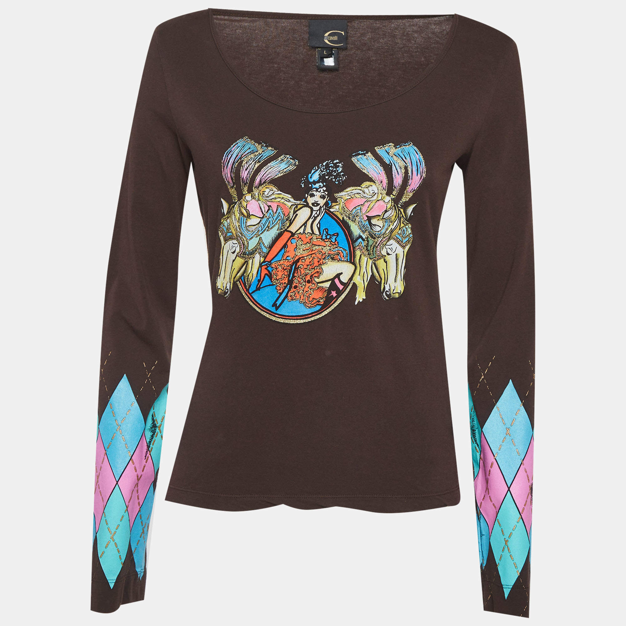 Pre Owned Just Cavalli Brown Graphic Print Argyle Patterned Sleeves Top L