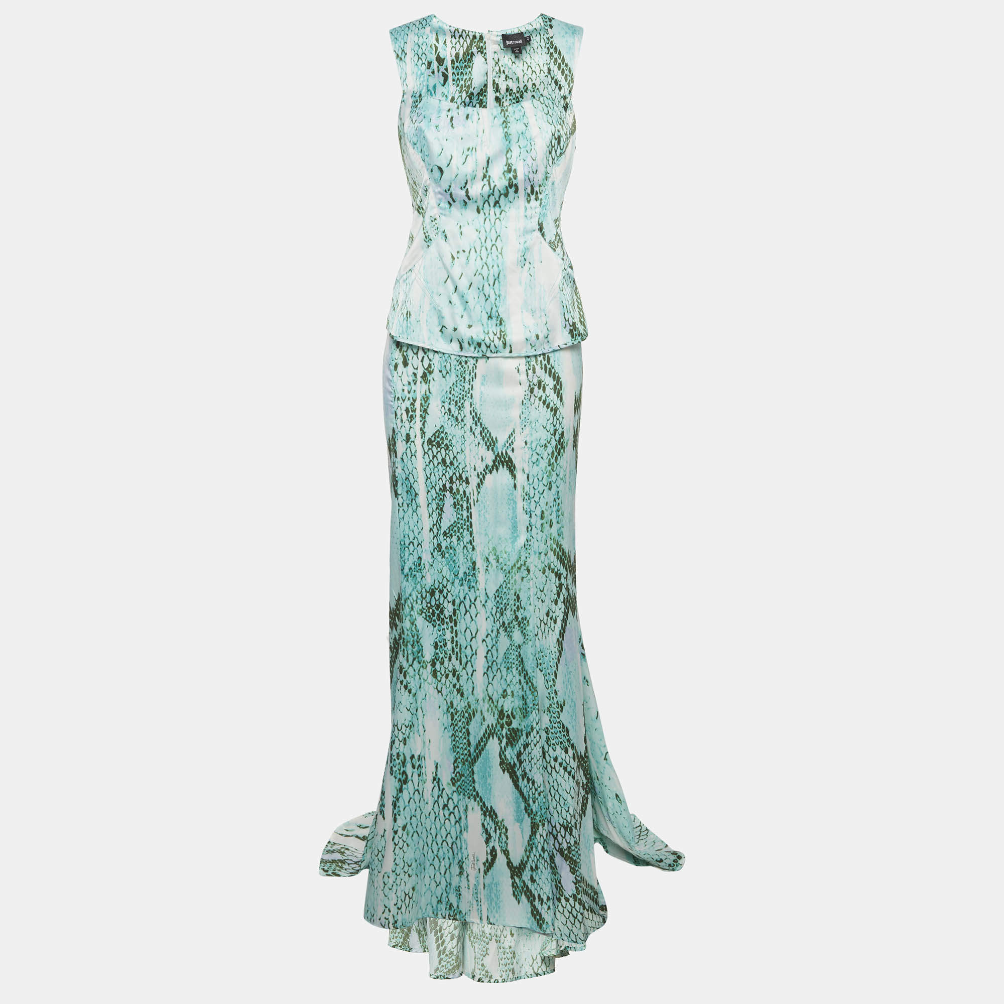 Pre Owned Just Cavalli Green Snakeskin Print Satin Sleeveless Top and Maxi Skirt Set M