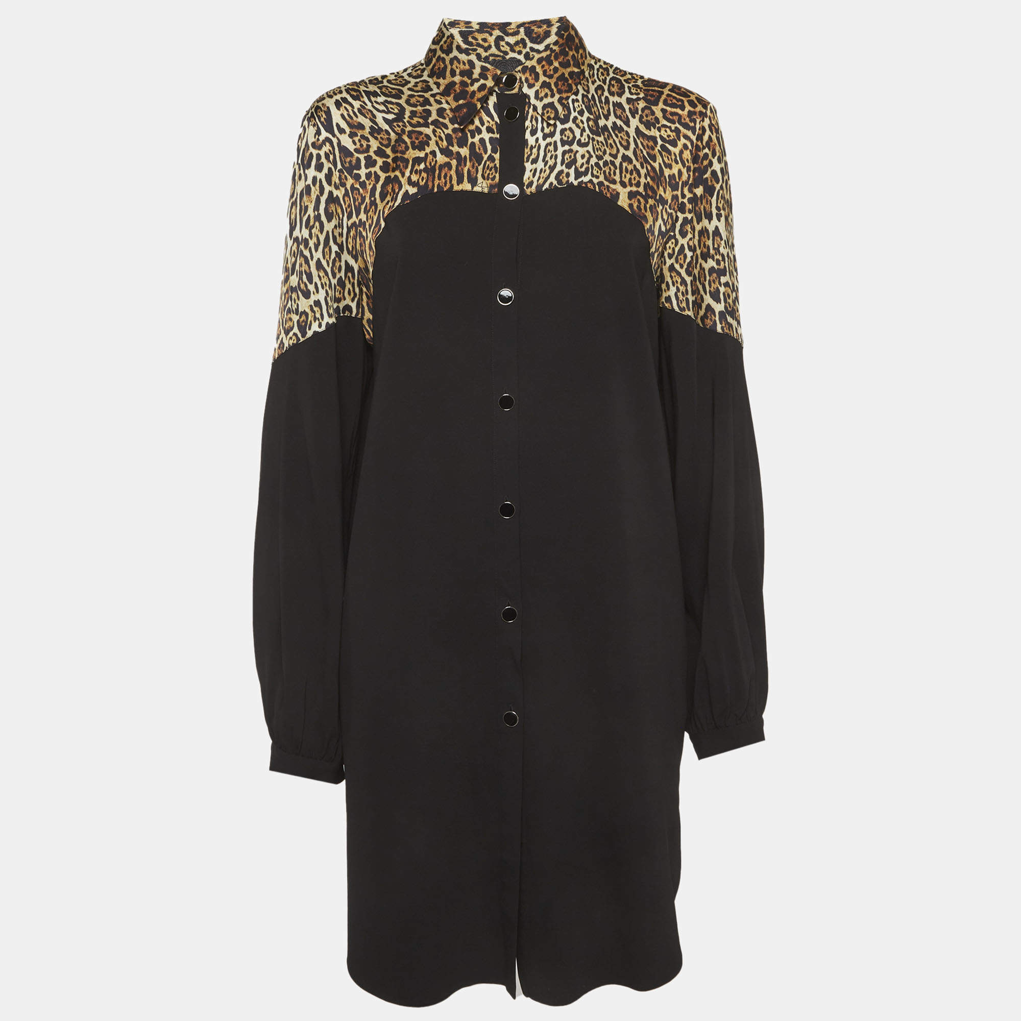 Pre Owned Just Cavalli Black/Animal Printed Crepe Button Front Mini Dress M