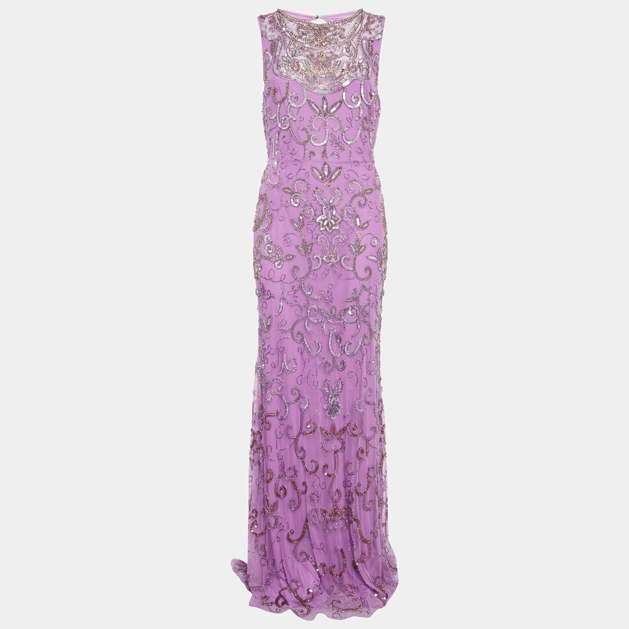 Pre Owned Just Cavalli Lavender Tulle Embellished Sleeveless Maxi Dress M