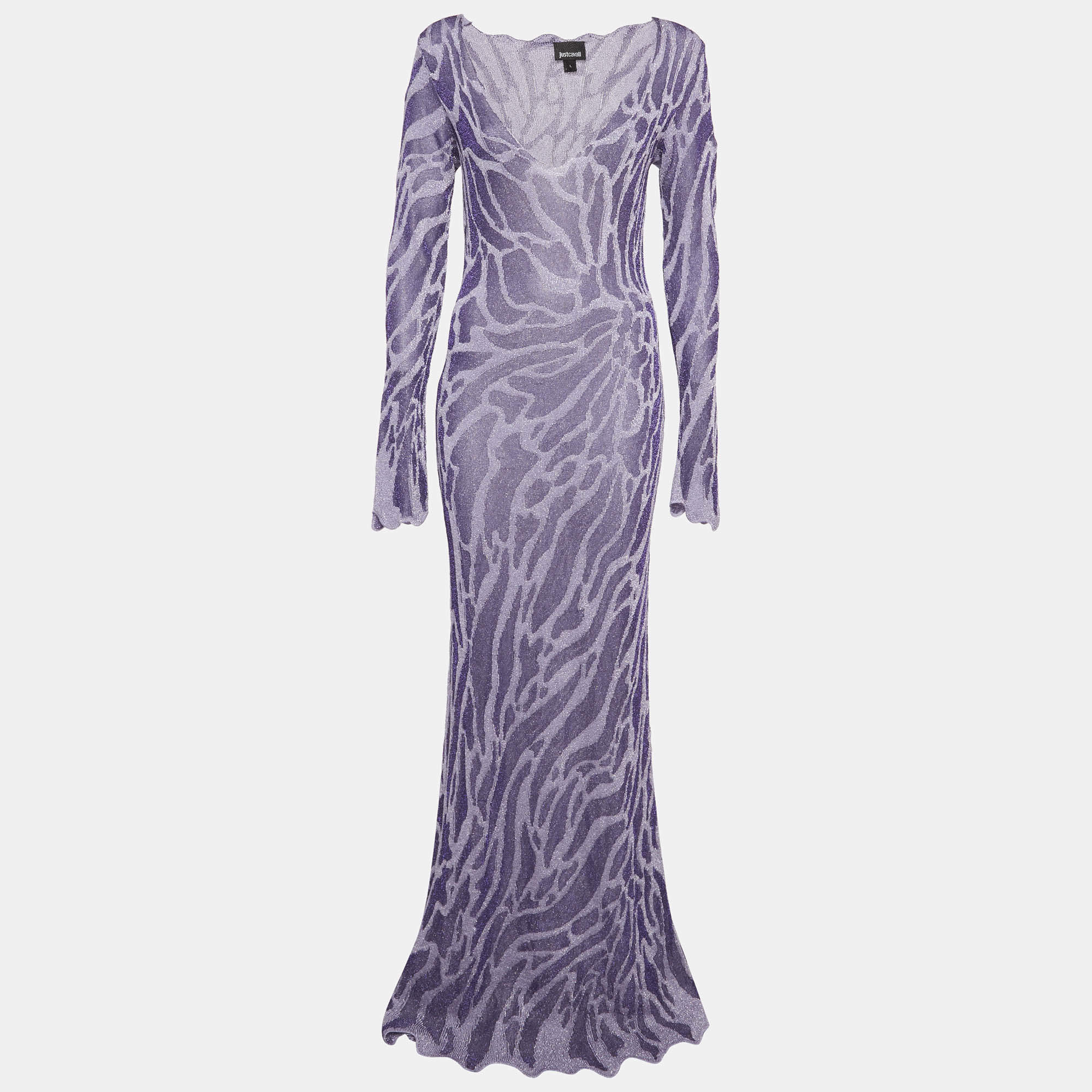 مملوكة مسبقًا Just Cavalli Purple Jacquard Lurex Knit Wavy Maxi Dress L