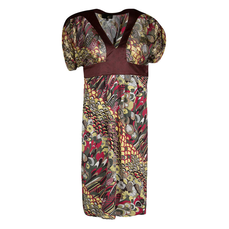 Pre Owned Just Cavalli Multicolor Printed Lurex Detail Short Sleeve Dress S