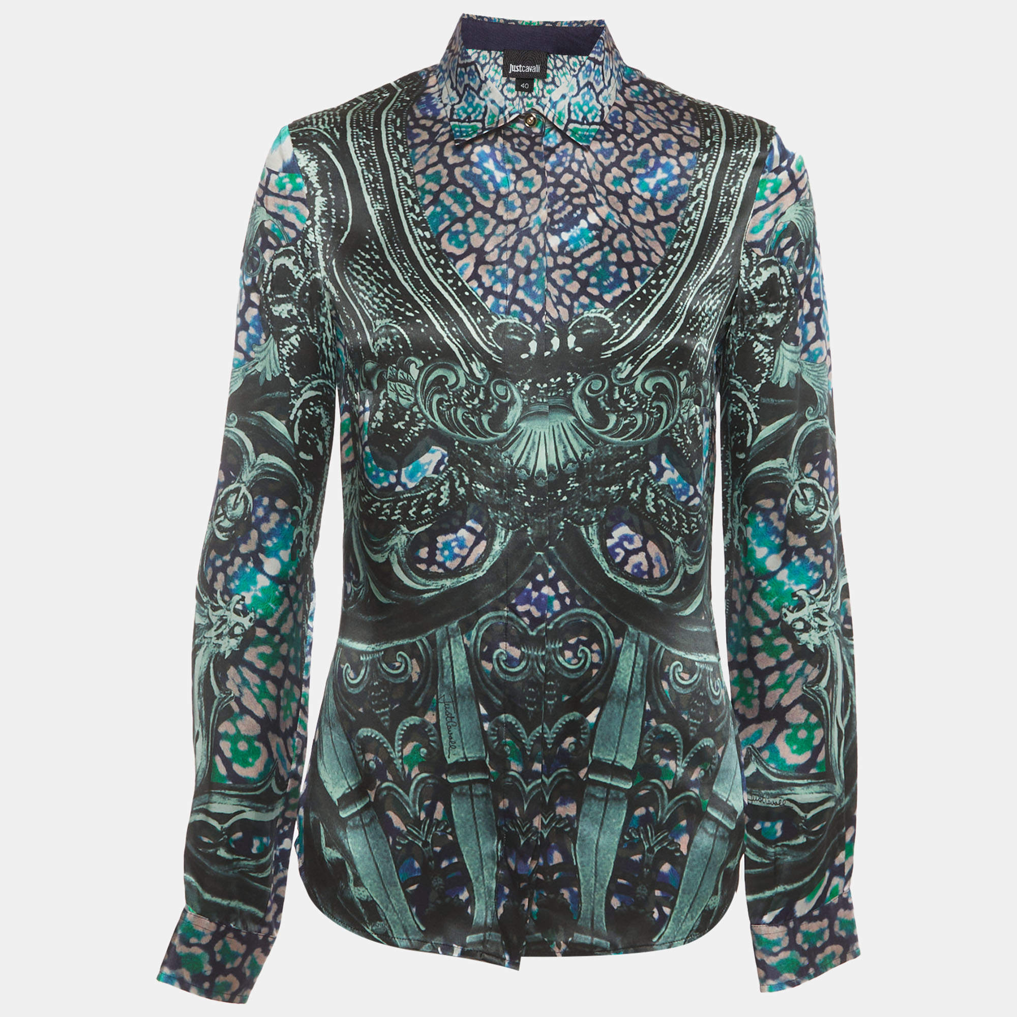 Pre Owned Just Cavalli Multicolor Floral Paisley Print Silk Satin Shirt S