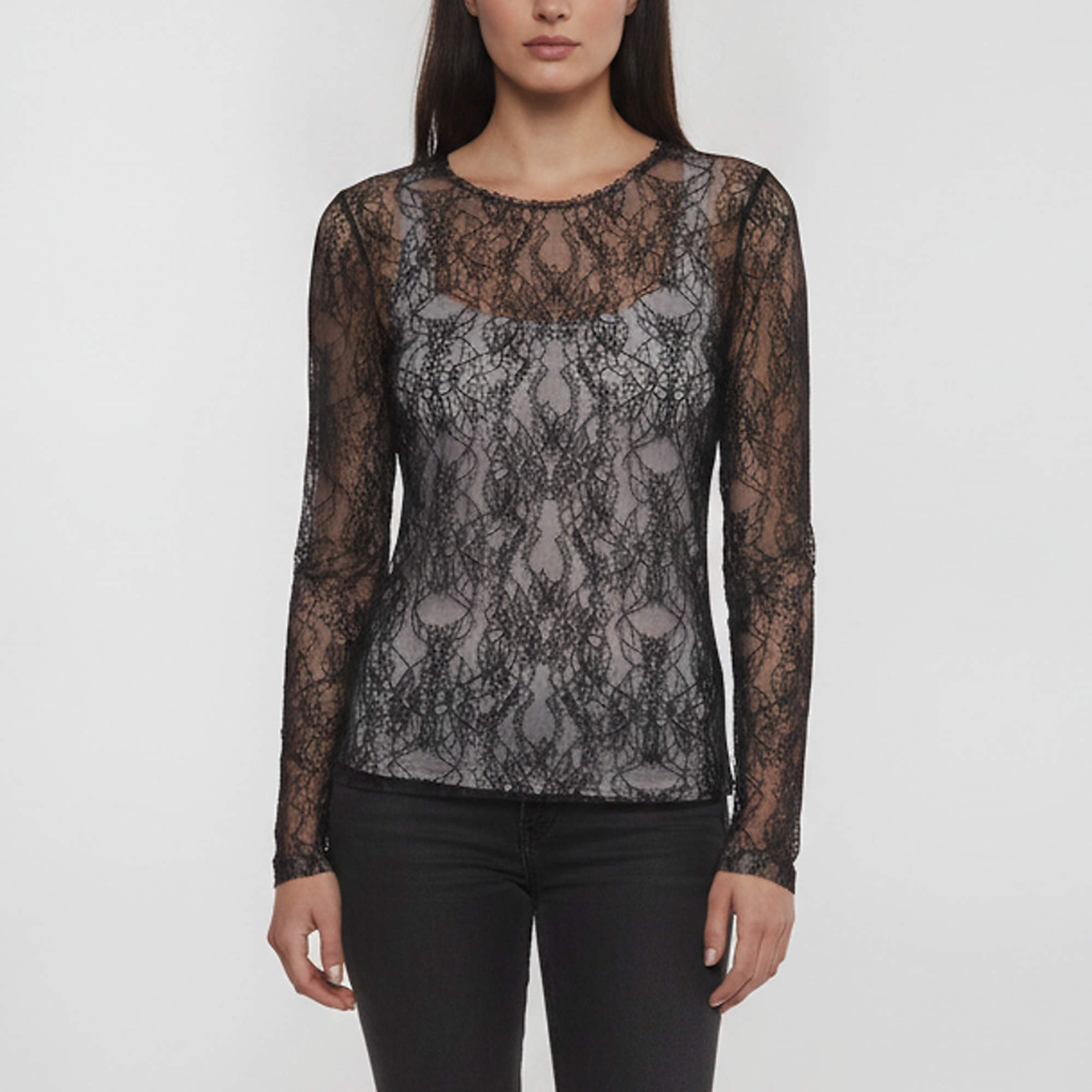 Pre Owned Just Cavalli Black Floral Lace Sheer Long Sleeve Top S