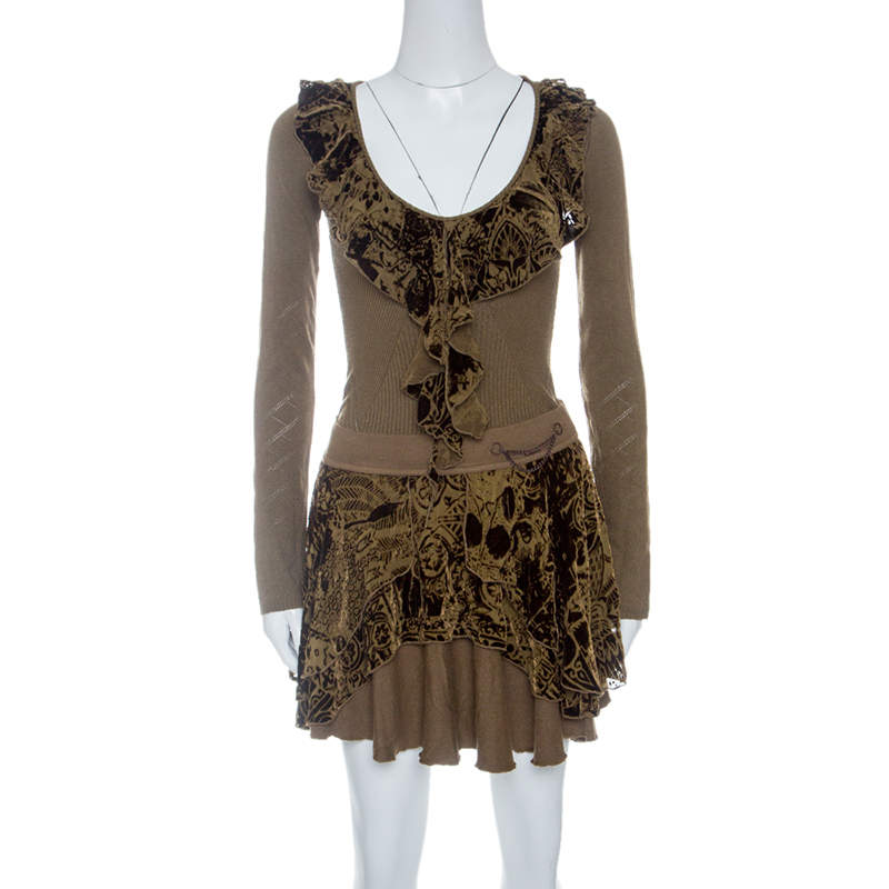 Pre Owned Just Cavalli Brown Knit Burnout Velvet Flounce Detail Top and Skirt Set M