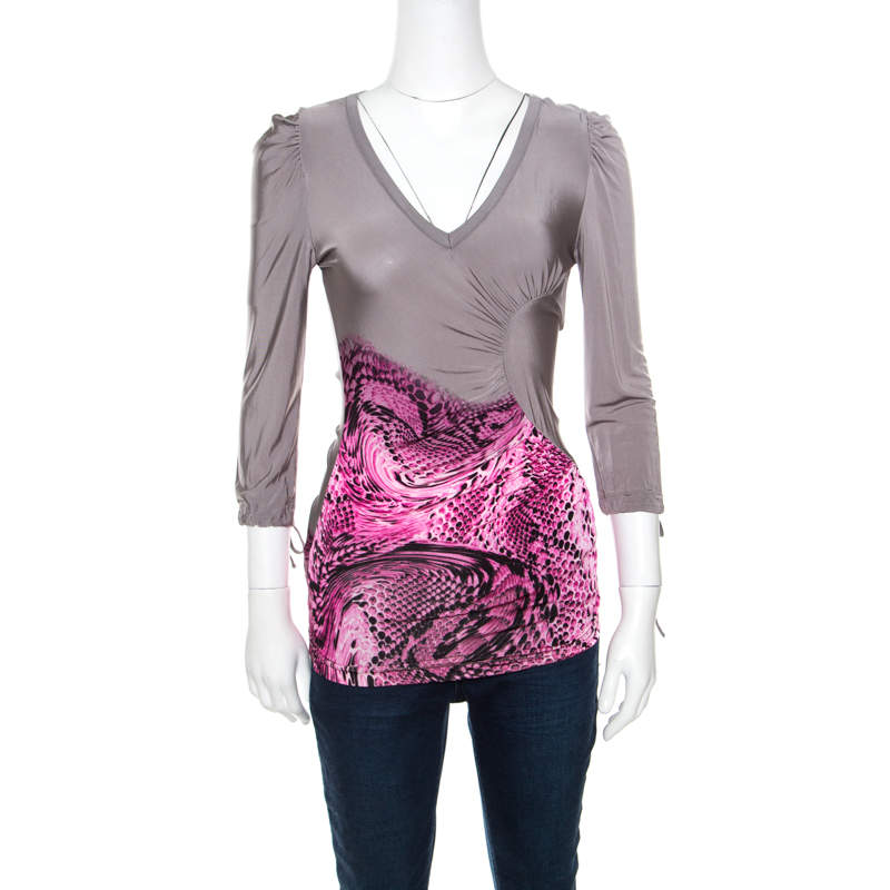 Pre Owned Just Cavalli Grey and Pink Animal Printed Ruched Long Sleeve Top S
