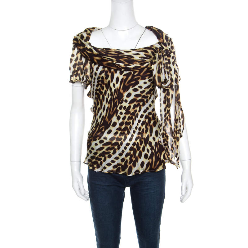 Just Cavalli Dark Brown Leopard Print Silk Draped Cowl Neck Top S