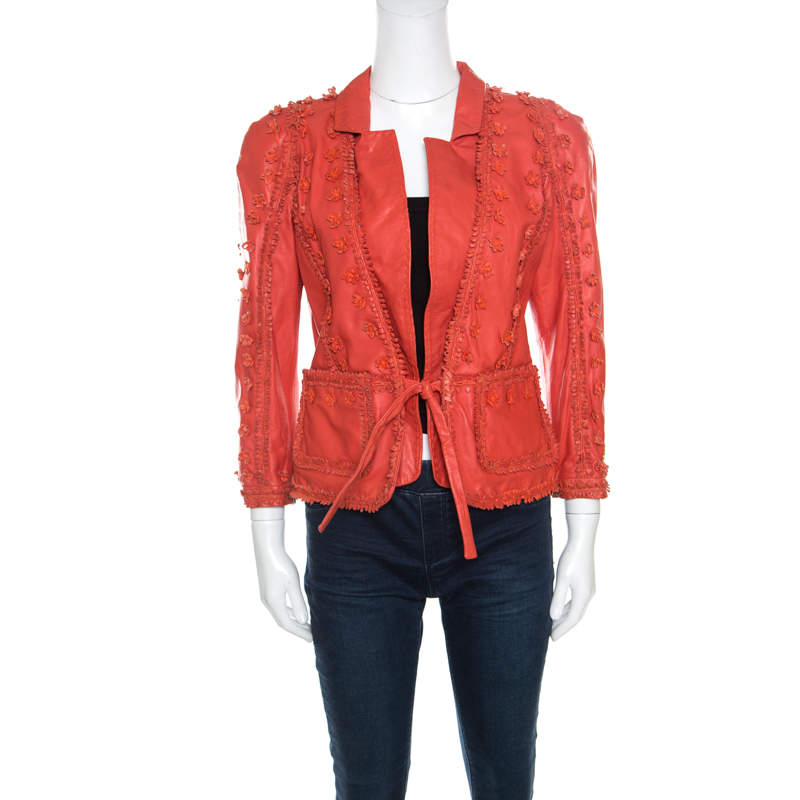 Pre Owned Just Cavalli Red Floral Appliqued Leather Jacket M