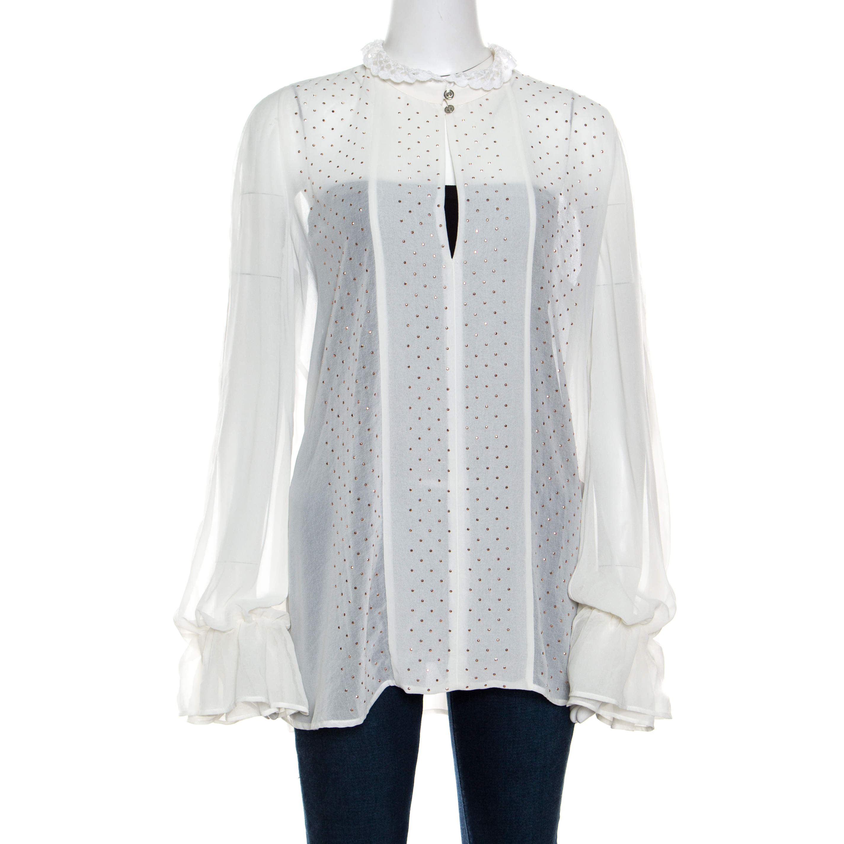 Just Cavalli White Crepe Ruffled Cuff Lace Neck Trim Detail Studded Blouse M