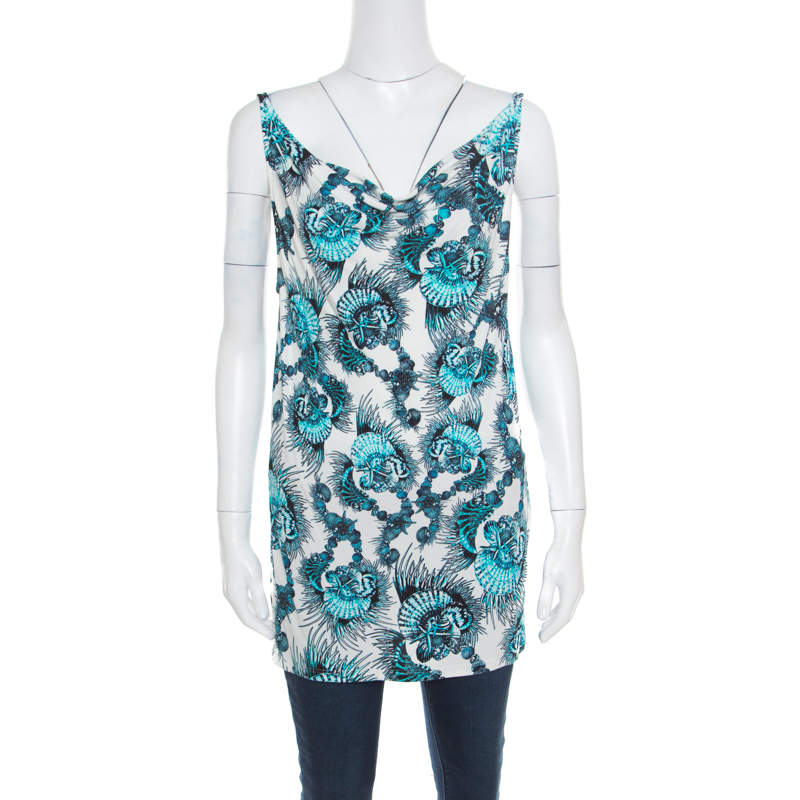 Pre Owned Just Cavalli White and Blue Shell Printed Cowl Neck Sleeveless Top L
