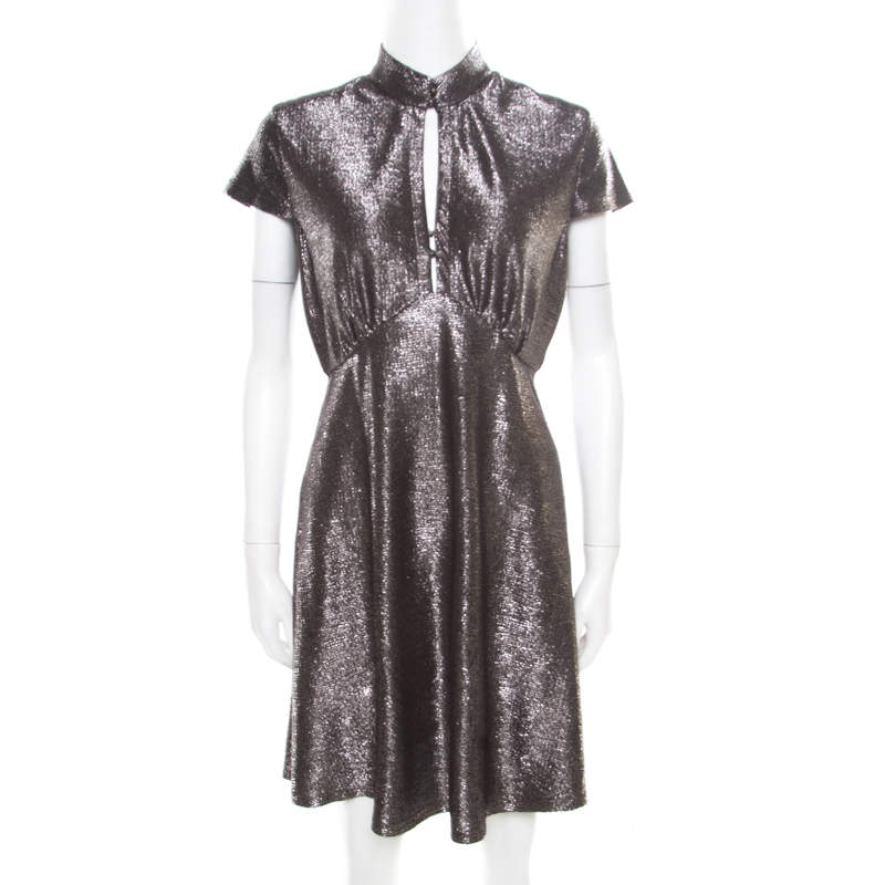 Pre Owned Just Cavalli Silver Textured Short Sleeve Keyhole Detail Dress M