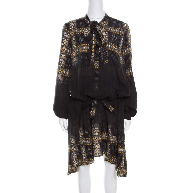 Pre Owned Just Cavalli Black Geometric Print Belted Long Sleeve Dress M